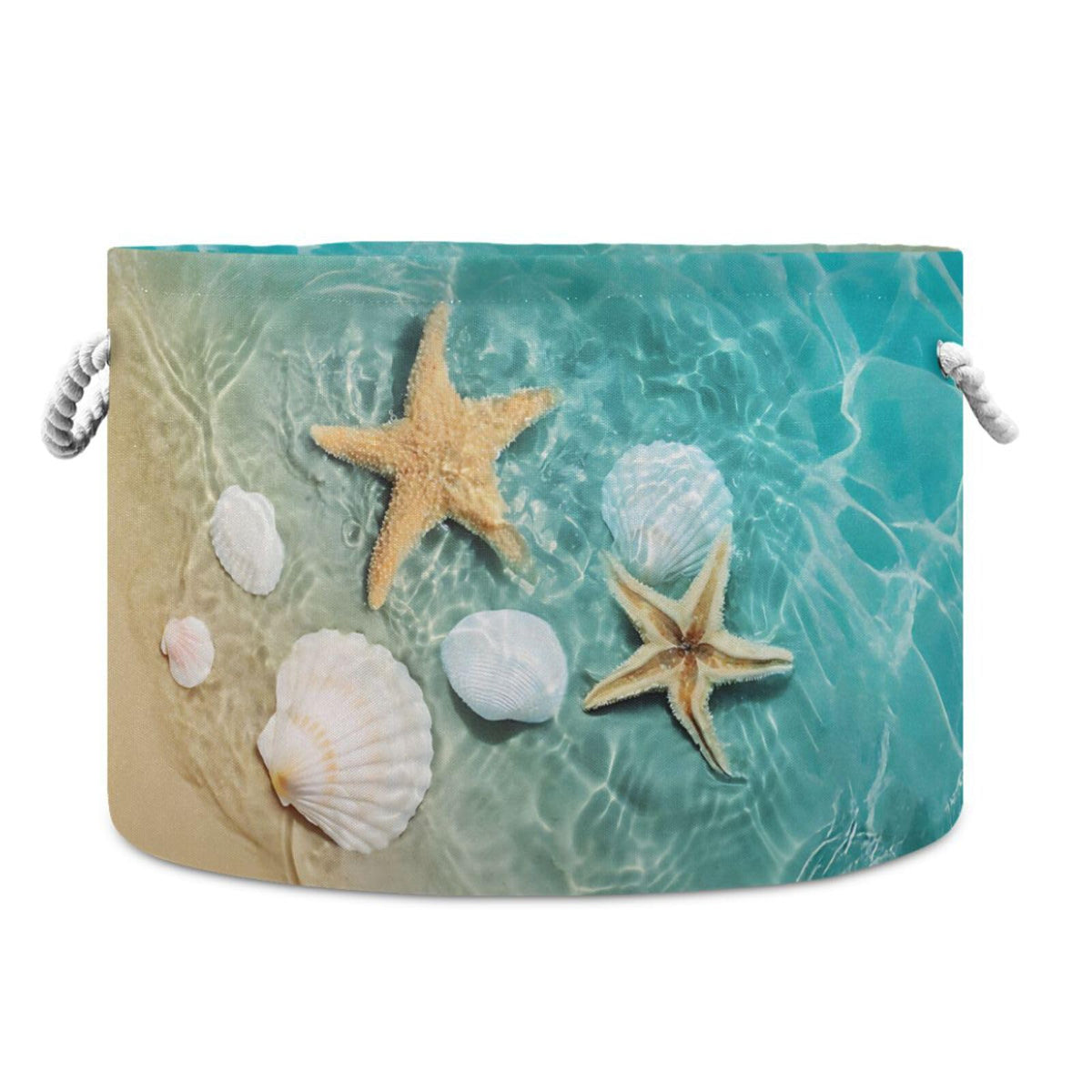 ZRCAIFUGIY Sea Beach Print Round Storage Basket Collapsible with Handle