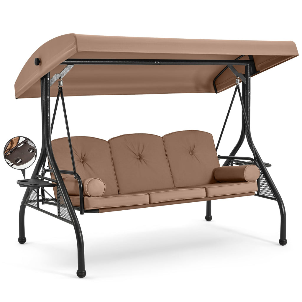 Homrest 3 Seat Outdoor Porch Swing With Adjustable Canopy, Convertible Patio Swing Bed With Stand, Patio Glider Swing With Upgraded Cup Holder, Thicken Cushions & Pillow For Backyard (Brown)