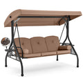 Homrest 3 Seat Outdoor Porch Swing With Adjustable Canopy, Convertible Patio Swing Bed With Stand, Patio Glider Swing With Upgraded Cup Holder, Thicken Cushions & Pillow For Backyard (Brown)