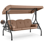Homrest 3 Seat Outdoor Porch Swing With Adjustable Canopy, Convertible Patio Swing Bed With Stand, Patio Glider Swing With Upgraded Cup Holder, Thicken Cushions & Pillow For Backyard (Brown)