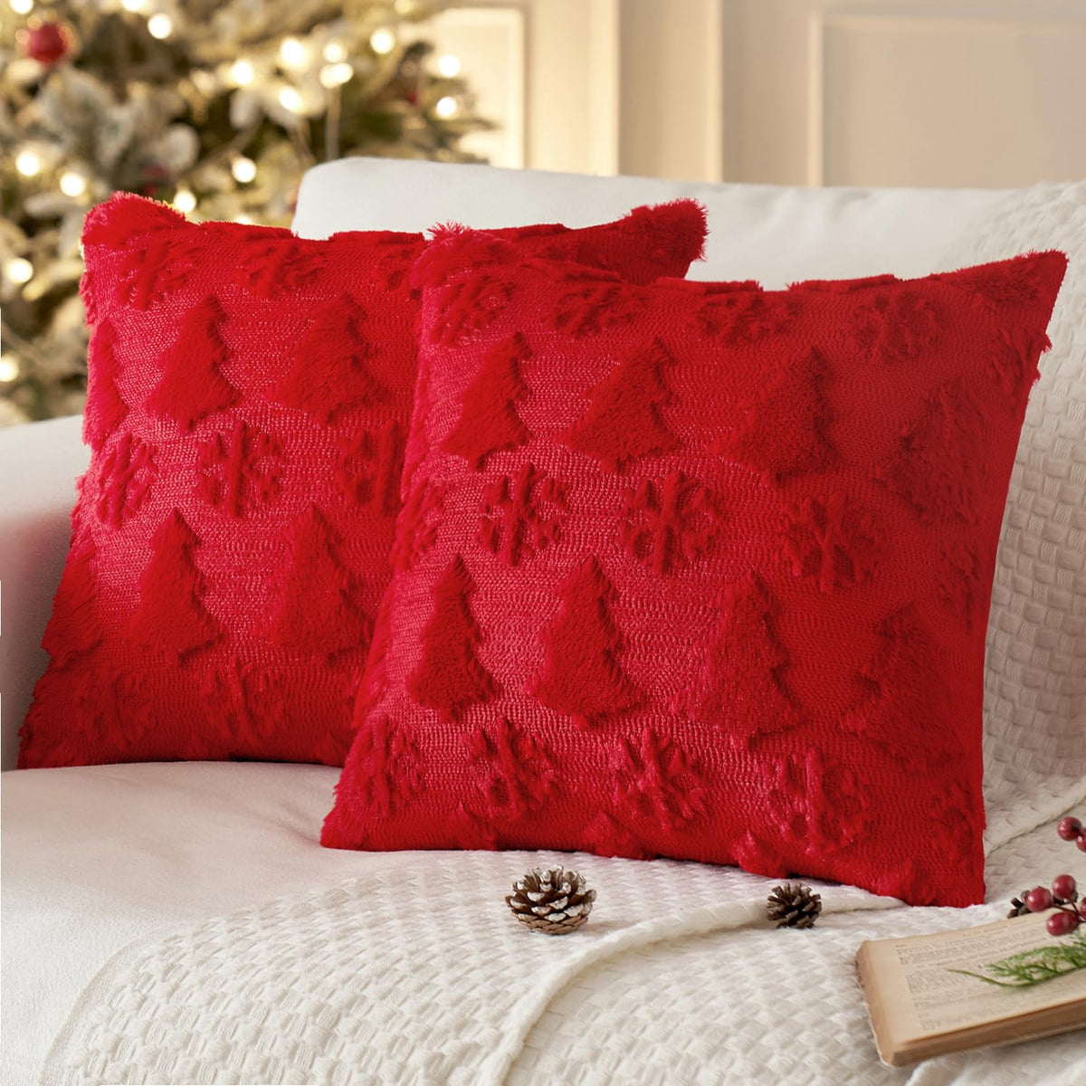 Miulee Christmas Tree And Snowflakes Pillow Covers 20X20 Inch Red Throw Pillows Set Of 2 Decorative Soft Fluffy Pillowcases For