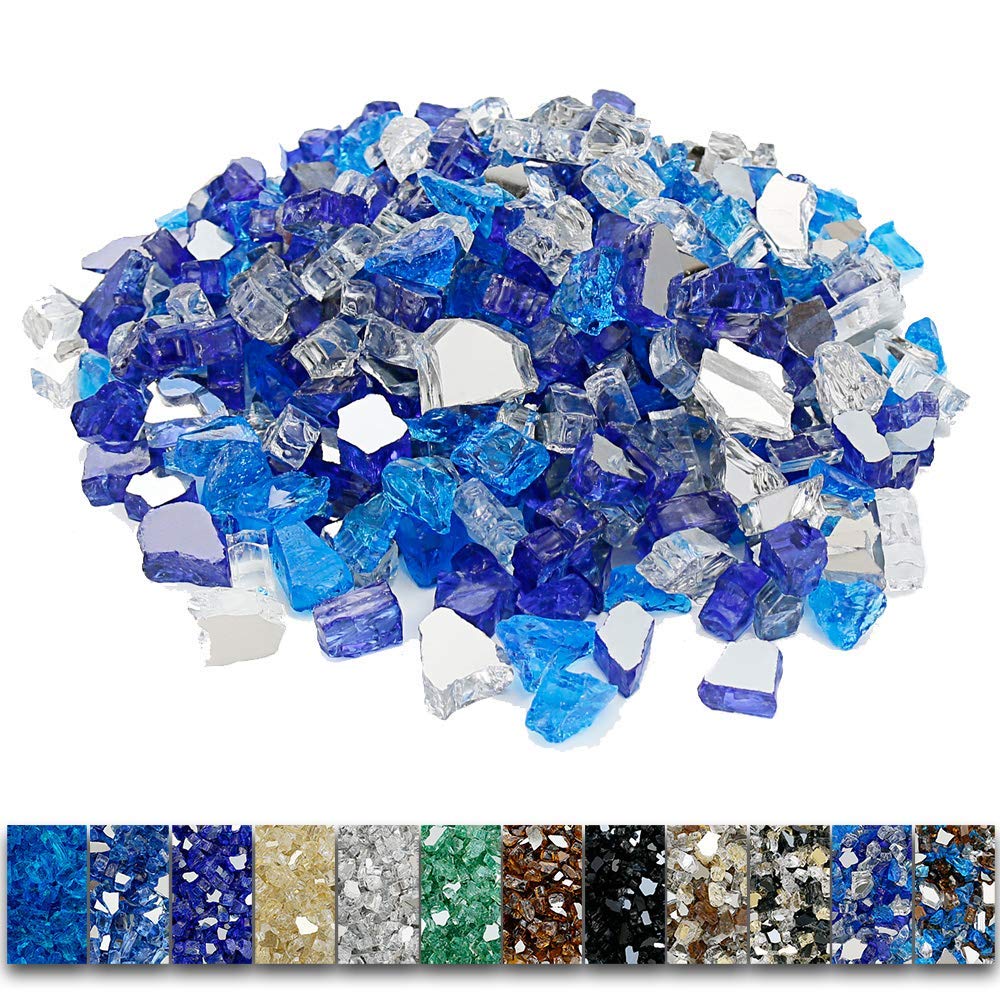 Grisun Fire Glass For Fire Pit - 1/2 Inch 10 Pounds High Luster Reflective Tempered Glass Rocks For Natural Or Propane Fireplace