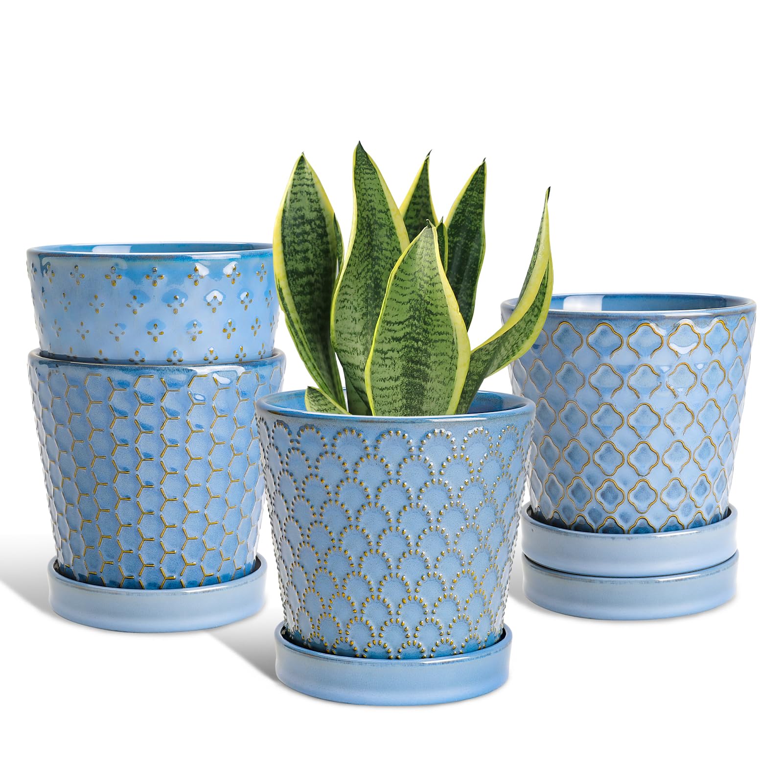 Efispss Plant Pots, 5 Inch Pots For Indoor Plants, Planters With Drainage Hole And Saucer, Ceramic Flower Pots Desktop Office Wi