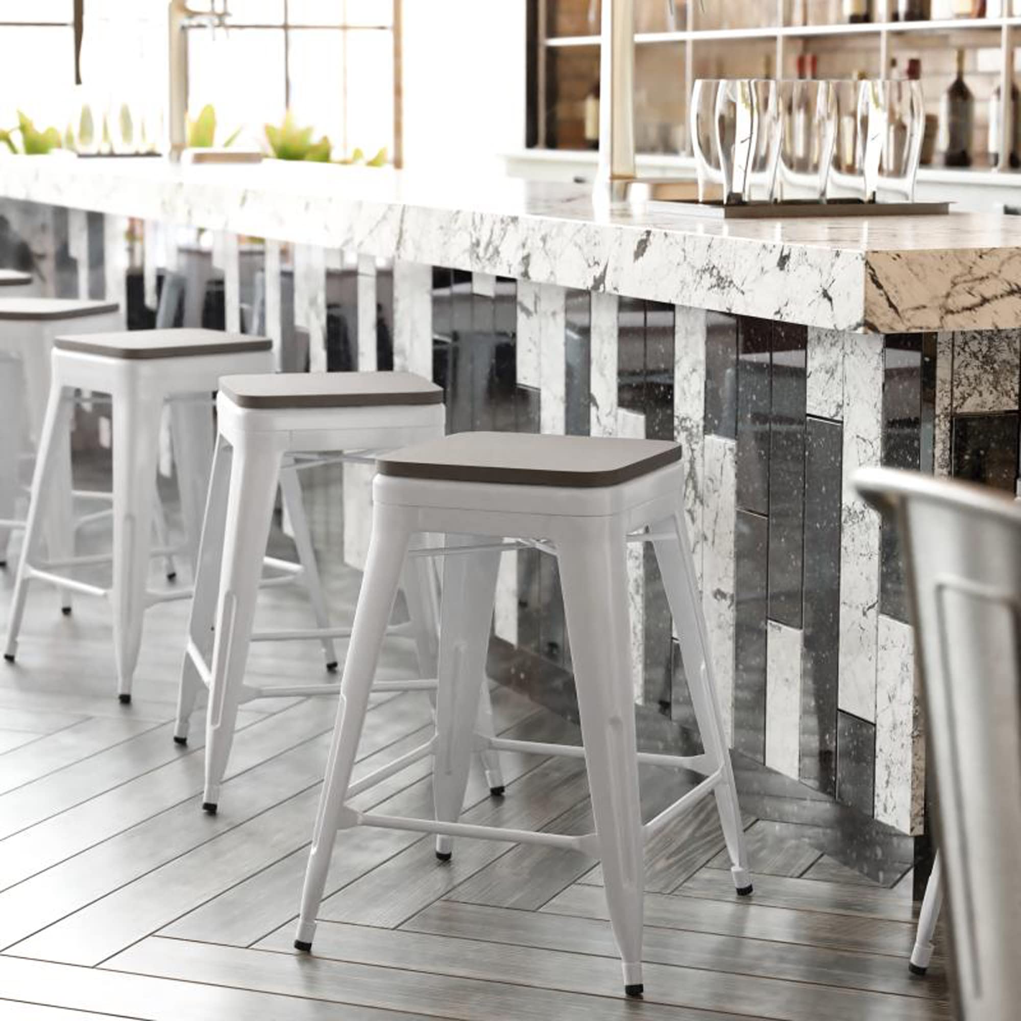 Flash Furniture Kai Commercial Grade Indoor-Outdoor Counter Height Stool - White Metal Frame - Gray Poly Resin Seat - 24" High - Backless