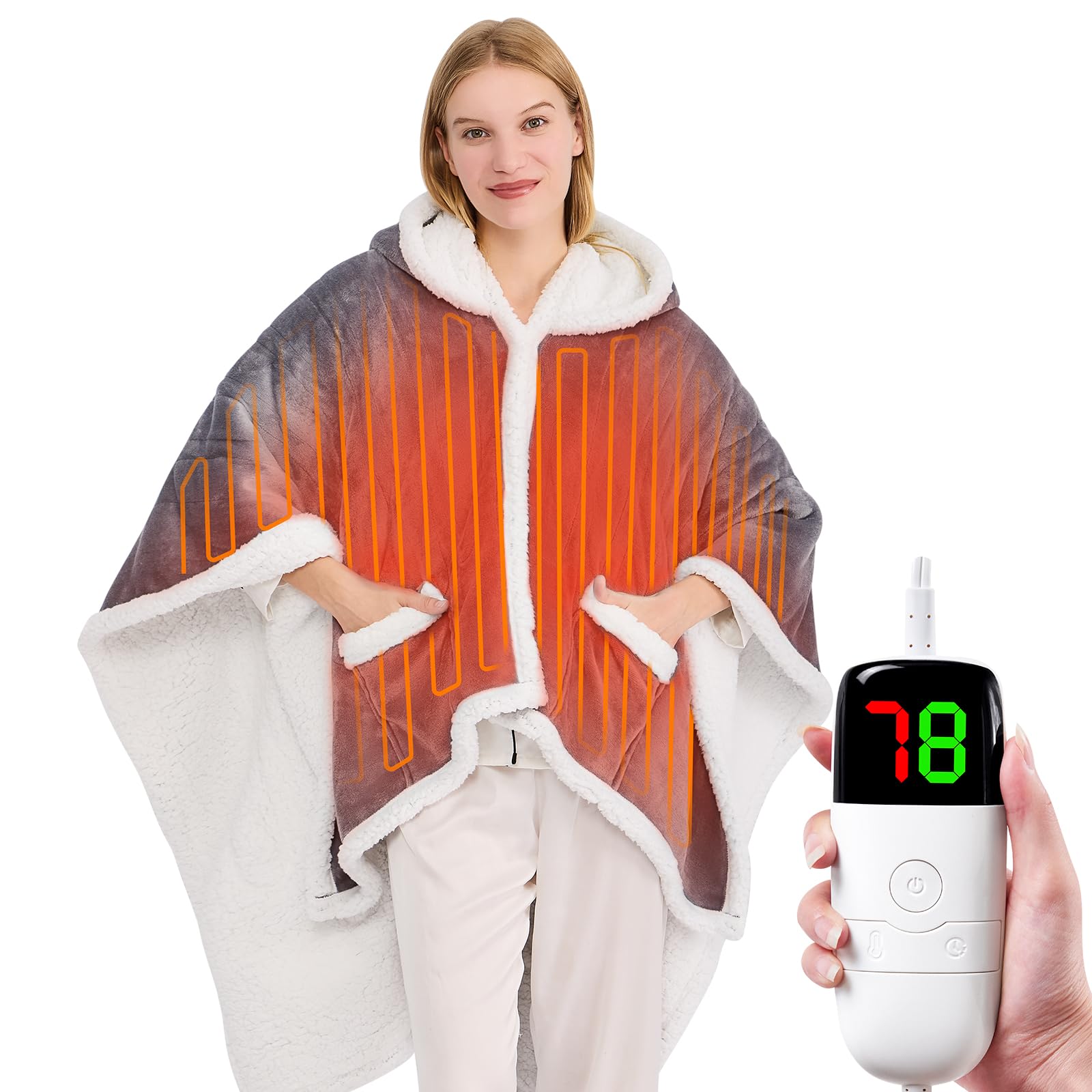 Greenoak Wearable Heated Throw Blanket Electric Shawl - Heated Robe Poncho Blanket Hoodie For Adult, Winter Gifts For Mom Women