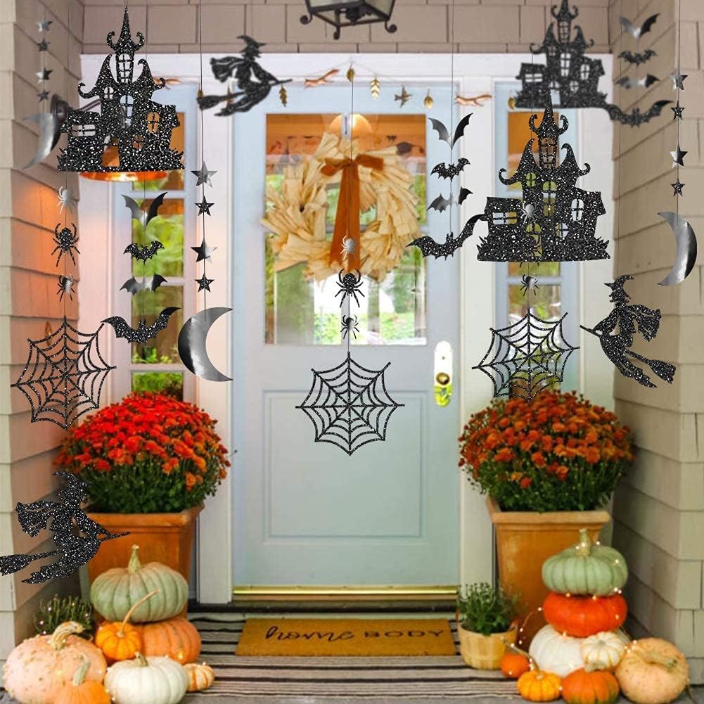 Cheerland Halloween Witch Garland For Haunted House Decoration Black Glitter Gothic Sticker Decals Star Moon Hanging Streamers B