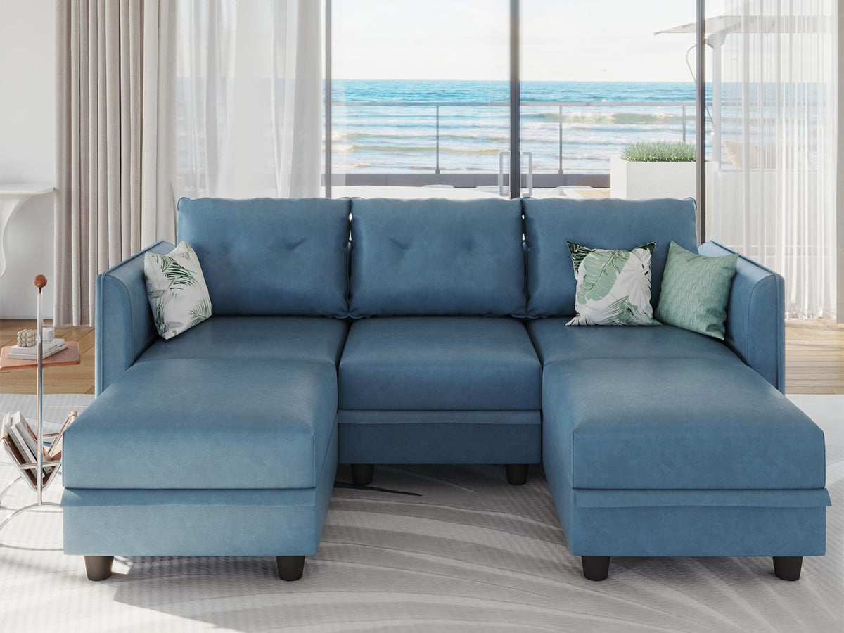Llappuil Modular Sectional Sofa, Convertible U Shaped Couch With Storage, Faux Leather Fabric Waterproof Sectional Couch For Living Room, 86.2' Width, 5 Seat Modular Sofa, Navy Blue