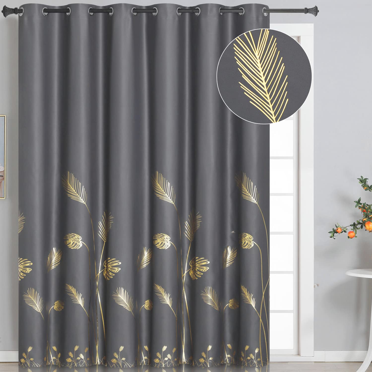 Estelar Textiler Blackout Curtain & Drape For Sliding Door 80W X 84L Inch Long With Thermal Insulated Elegant Gold Palm Tree Cur