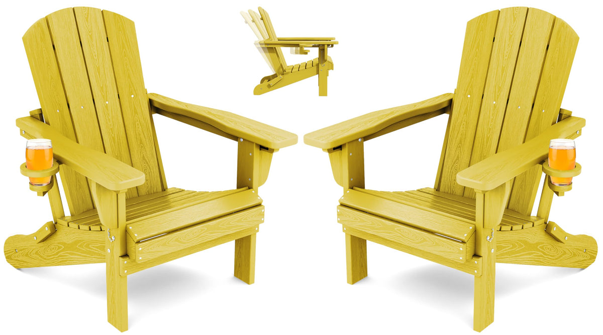 Serwall Folding Adirondack Chair Set Of 2, Reclining Adirondack Chair With Cup Holder, Adjustable Adirondack Chair With 3 Recline Positions, All Weather Hdpe Outdoor Adirondack, Yellow