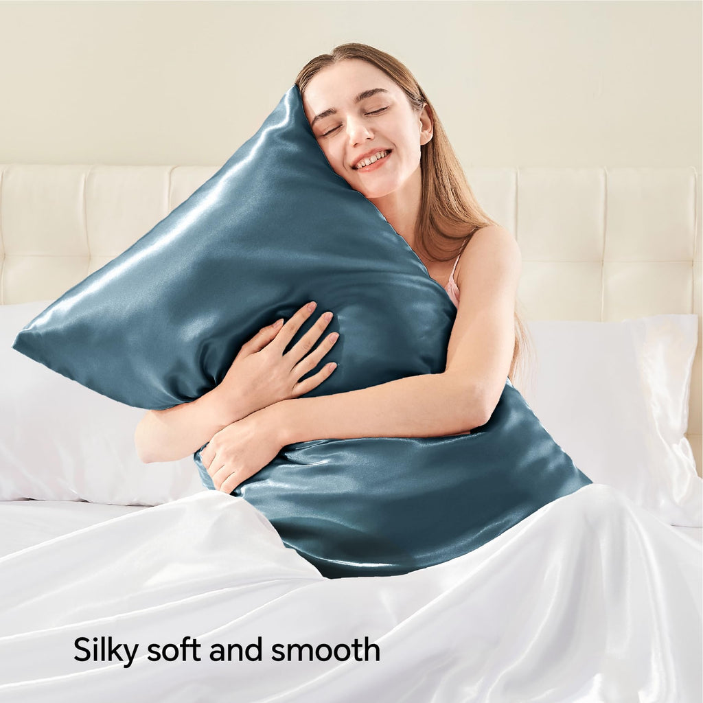 Bedelite Satin Pillowcase With Zipper 2 Pack, Bluesteel Pillow Cases Standard Size, Super Soft And Cooling Similar To Silk Pillo