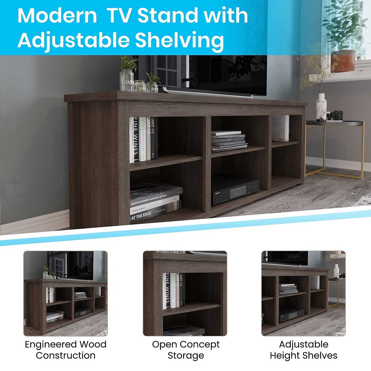 Flash Furniture Kilead TV Stand for up to 80&quot; TVs - Modern Espresso Finish - 65&quot; Engineered Wood Framed Media Console - 6 Open Storage Compartments