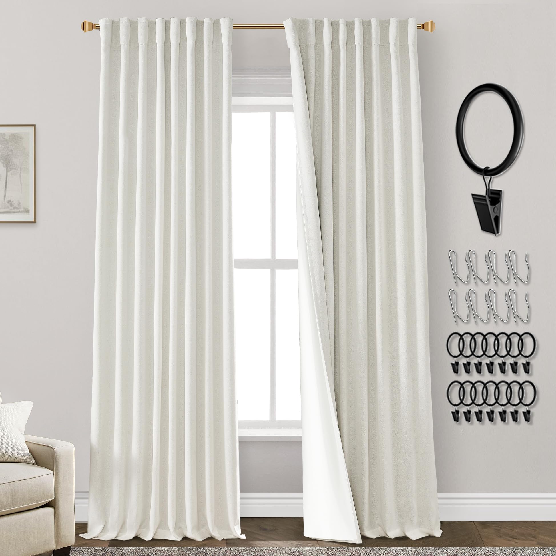 PANELSBURG 92 Inch Long Blackout Curtains 2 Panels Set,Linen Back Tab Pleated Room Darkening Curtains for Bedroom Living Room,Cr