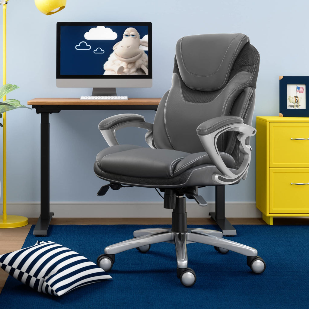 Serta Bryce Executive Office Chair, Ergonomic Computer Deskchair With Patented Air Lumbar Technology, Comfortable Layered Body Pillows For Cushioning, Sertaquality Foam, Bonded Leather, Gray