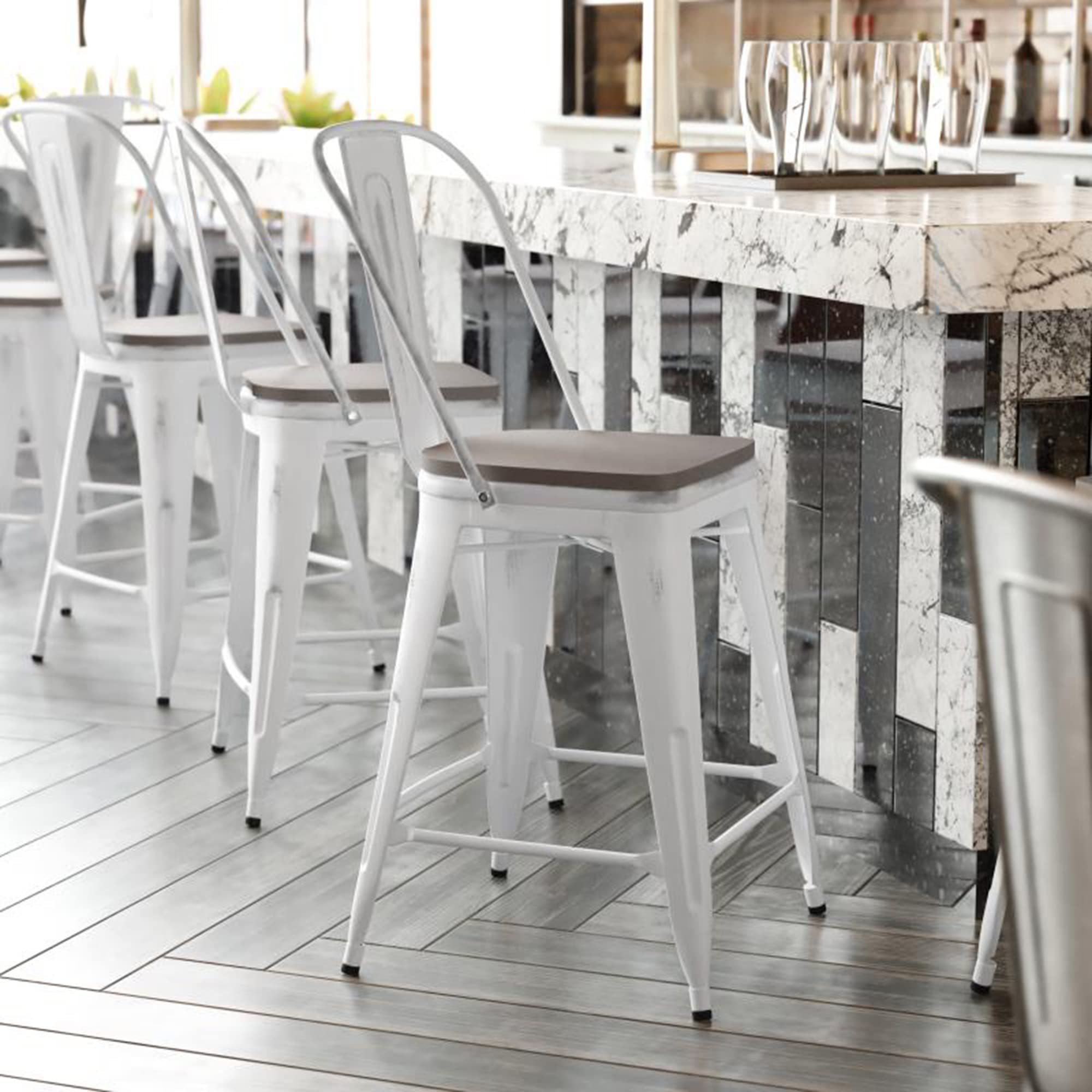 Flash Furniture Carly Commercial Grade 24" High White Metal Indoor-Outdoor Counter Height Stool with Back and Gray Polystyrene Seat