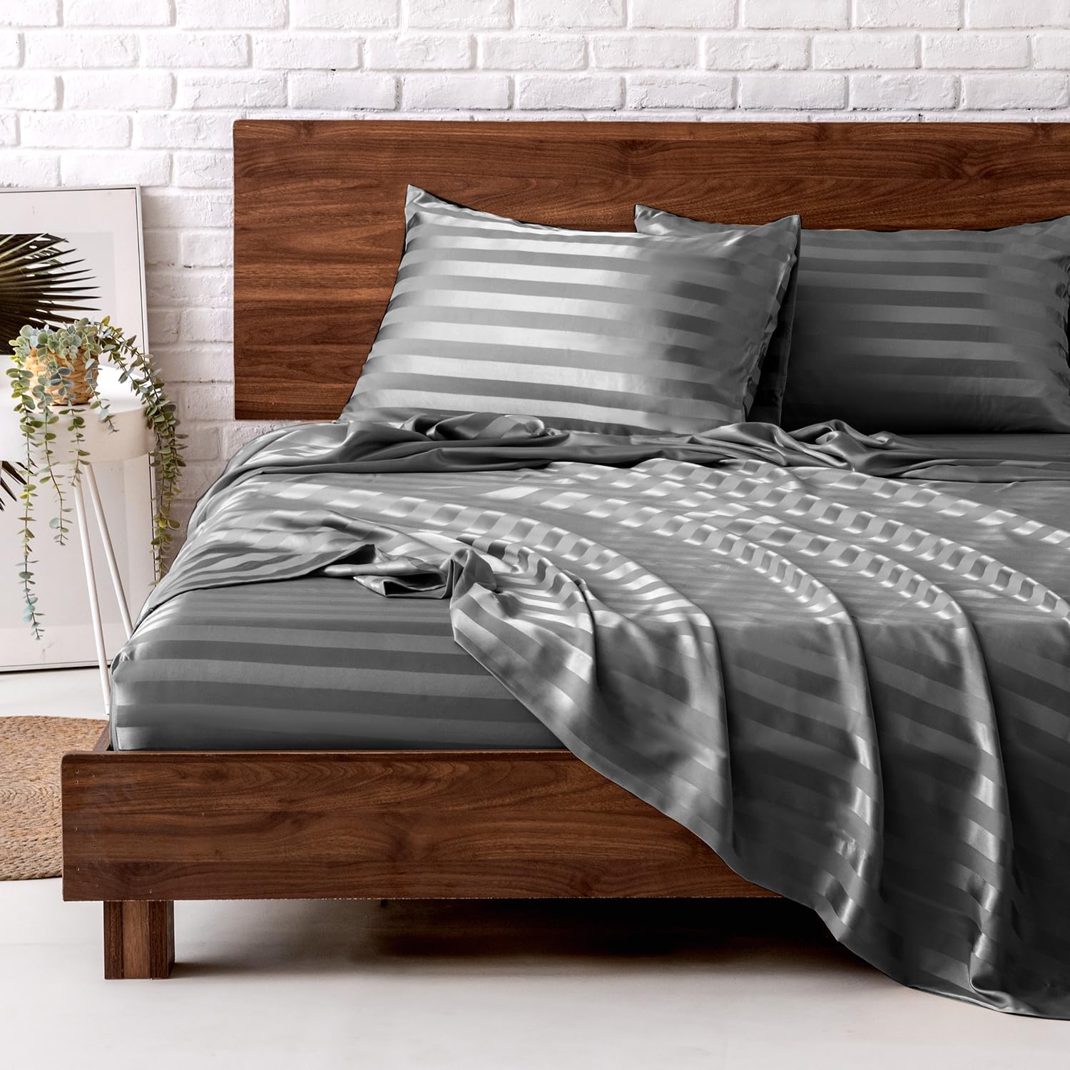 Mr&Hm Satin Bed Sheets, King Size Sheets Set, 4 Pcs Silky Bedding Set With 15 Inches Deep Pocket For Mattress(King, Dark Grey St