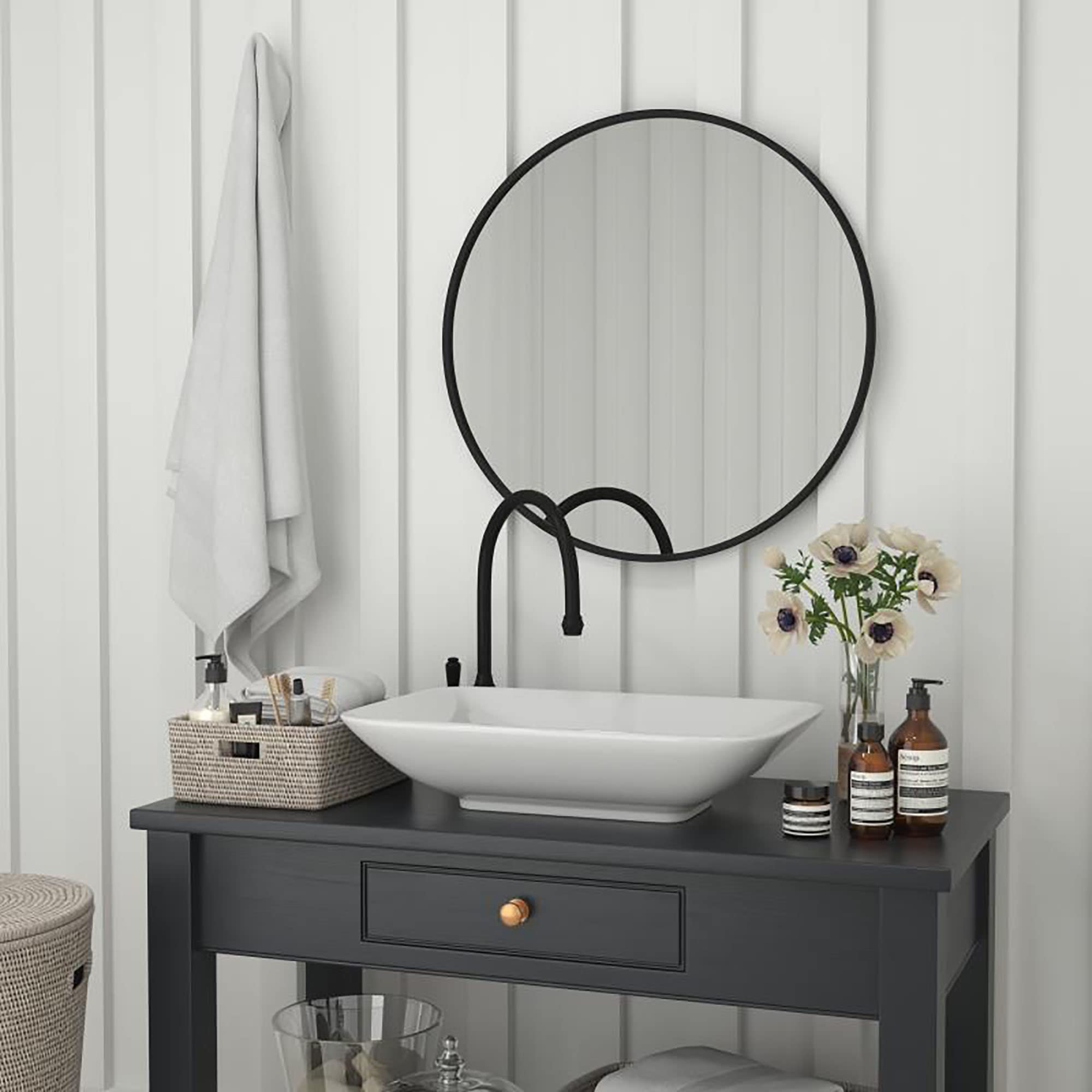 Flash Furniture Julianne Large Round Wall Mirror - Black Circle Accent Mirror - 30&quot; Vanity Mirror - For Bathroom, Vanity, Entryway, Dining Room, & Living Room