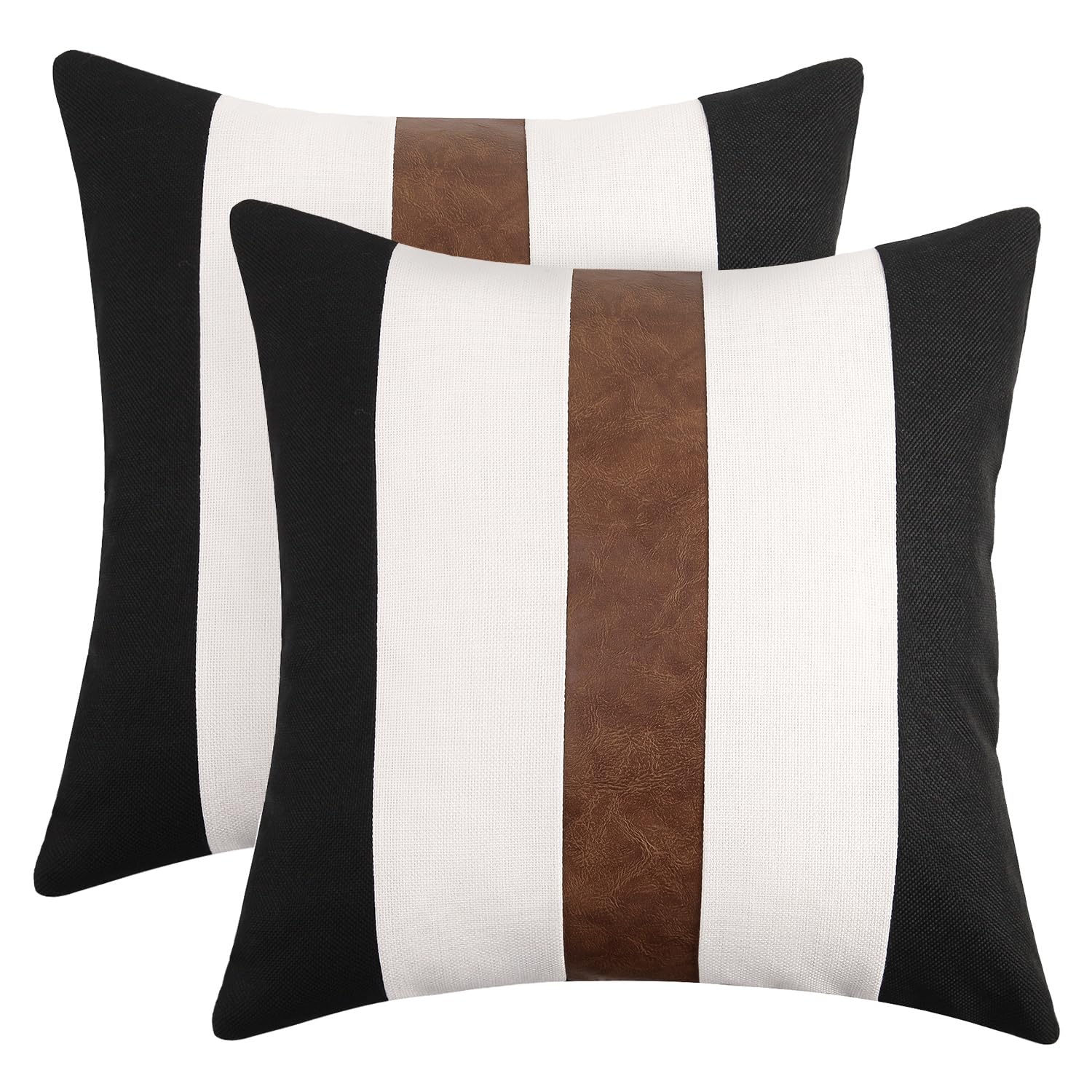 Jasen Set Of 2 Faux Leather And Linen Throw Pillow Covers 18X18 Inch Black And White Modern Farmhouse Decorative Accent Cushion