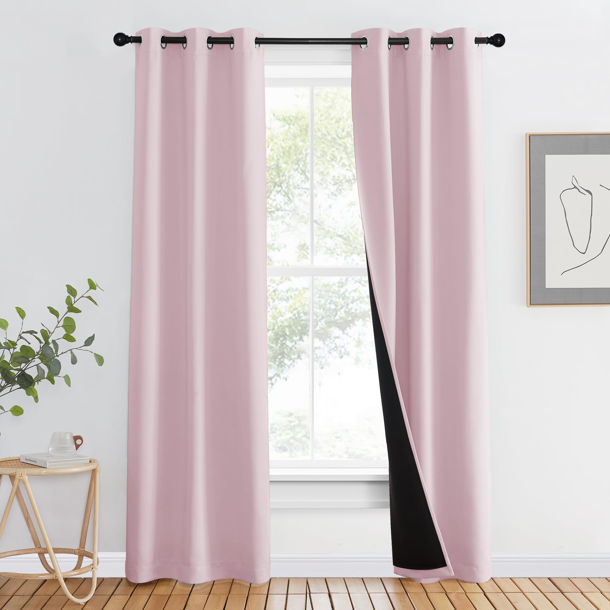 Nicetown 100% Blackout Window Curtain Panels, Heat And Cold Blocking Drapes With Black Liner For Nursery, 80' Thermal Insulated