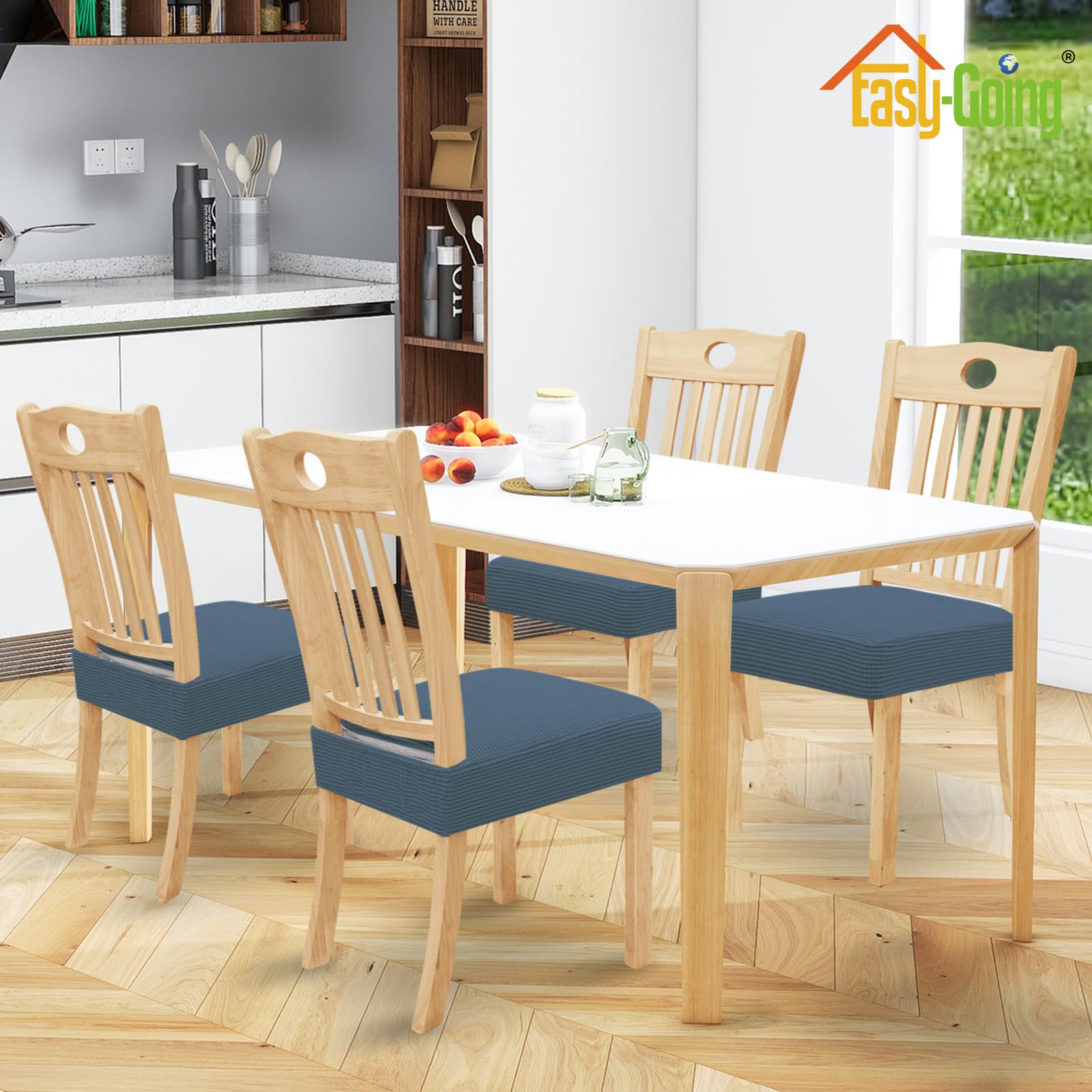 Easy-Going 100% Waterproof Seat Covers For Dining Room Chairs, Stretch Jacquard Chair Seat Slipcovers Removable And Washable Kitchen Dining Chair Covers (Set Of 4, Bluestone)