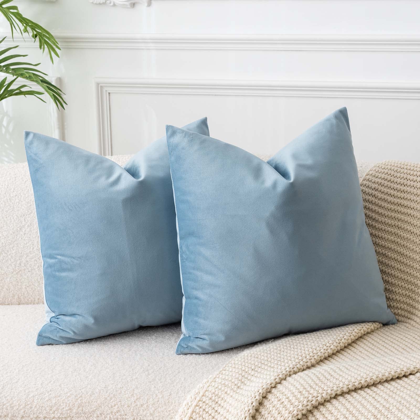 Juspurbet Light Blue Soft Velvet Throw Pillow Covers 18X18 Set Of 2,Decorative Solid Cushion Cases For Couch Sofa Bed