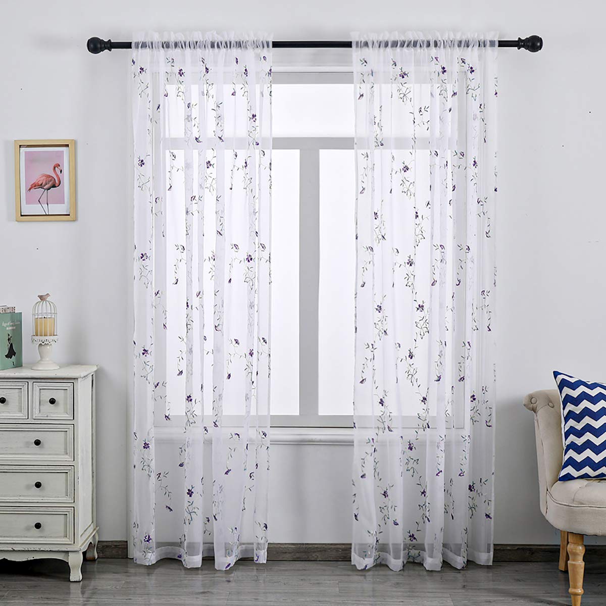 Taisier Home Purple Flower Buds Sheer Curtains For Living Room Floral Embroidery 72 Inch Long Rustic Voile Window Curtain Drpaes