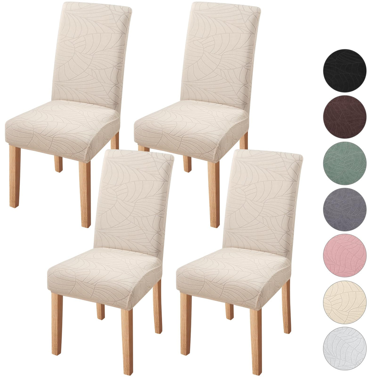 Yisun Dining Chair Covers Set Of 4, Stretch Jacquard Chair Covers Parsons Chair Covers Removable Washable Chair Slipcover Protector For Dining Room, Kitchen, Ceremony (Leaves-Beige)