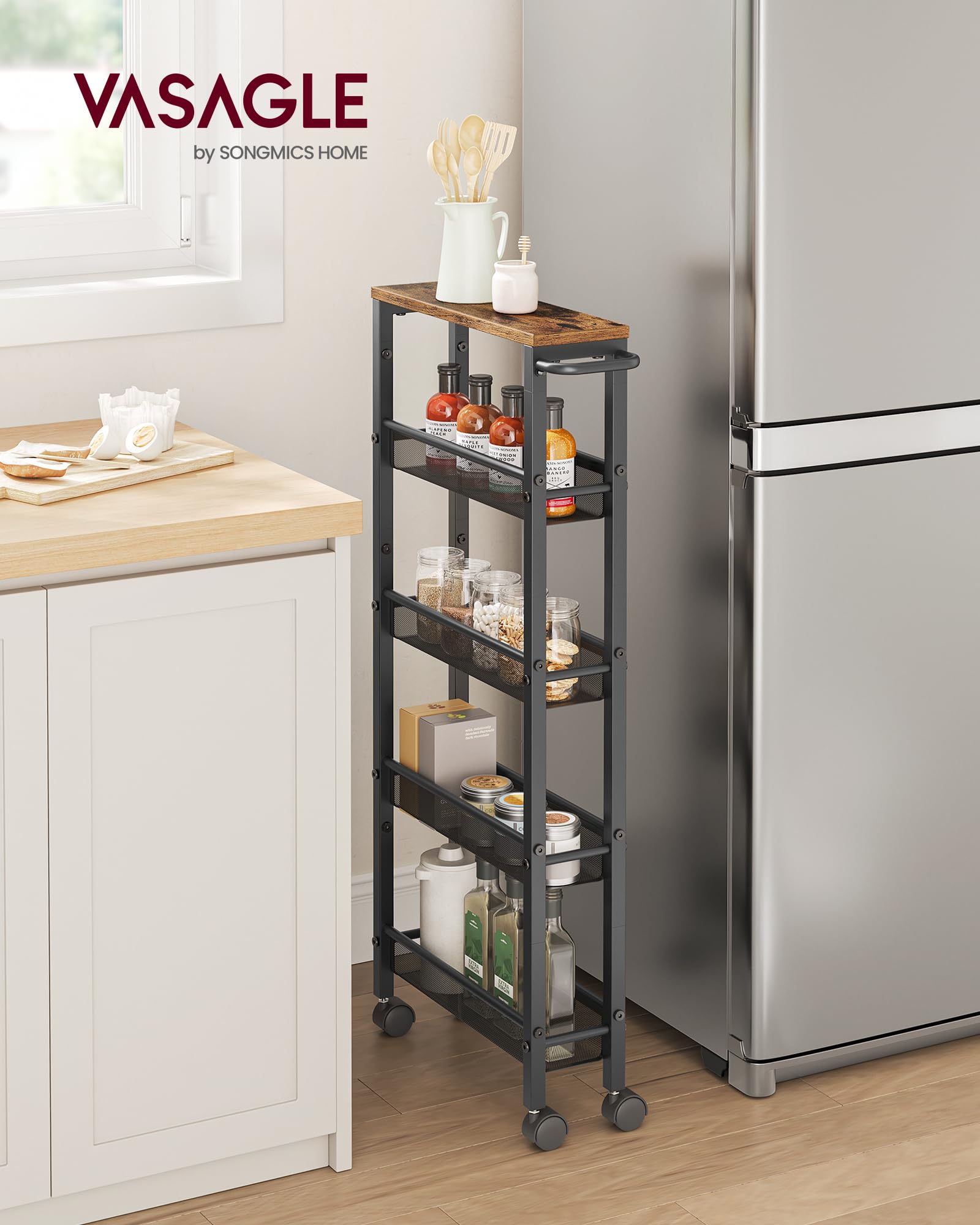 Vasagle Slim Rolling Cart, 5-Tier Storage Cart, Narrow Cart With Handle, 5.1 Inches Deep, Metal Frame, For Kitchen, Dining Room, Living Room, Home Office, Rustic Brown And Classic Black Ulrc034B01
