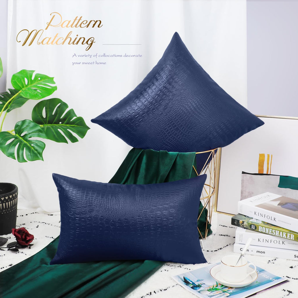 Brawarm Faux Leather Pillow Covers 16 X 16 Inches, Navy Blue Leather Pillow Covers Pack Of 2, Crocodile Leather Decorative Throw