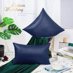 Brawarm Faux Leather Pillow Covers 16 X 16 Inches, Navy Blue Leather Pillow Covers Pack Of 2, Crocodile Leather Decorative Throw