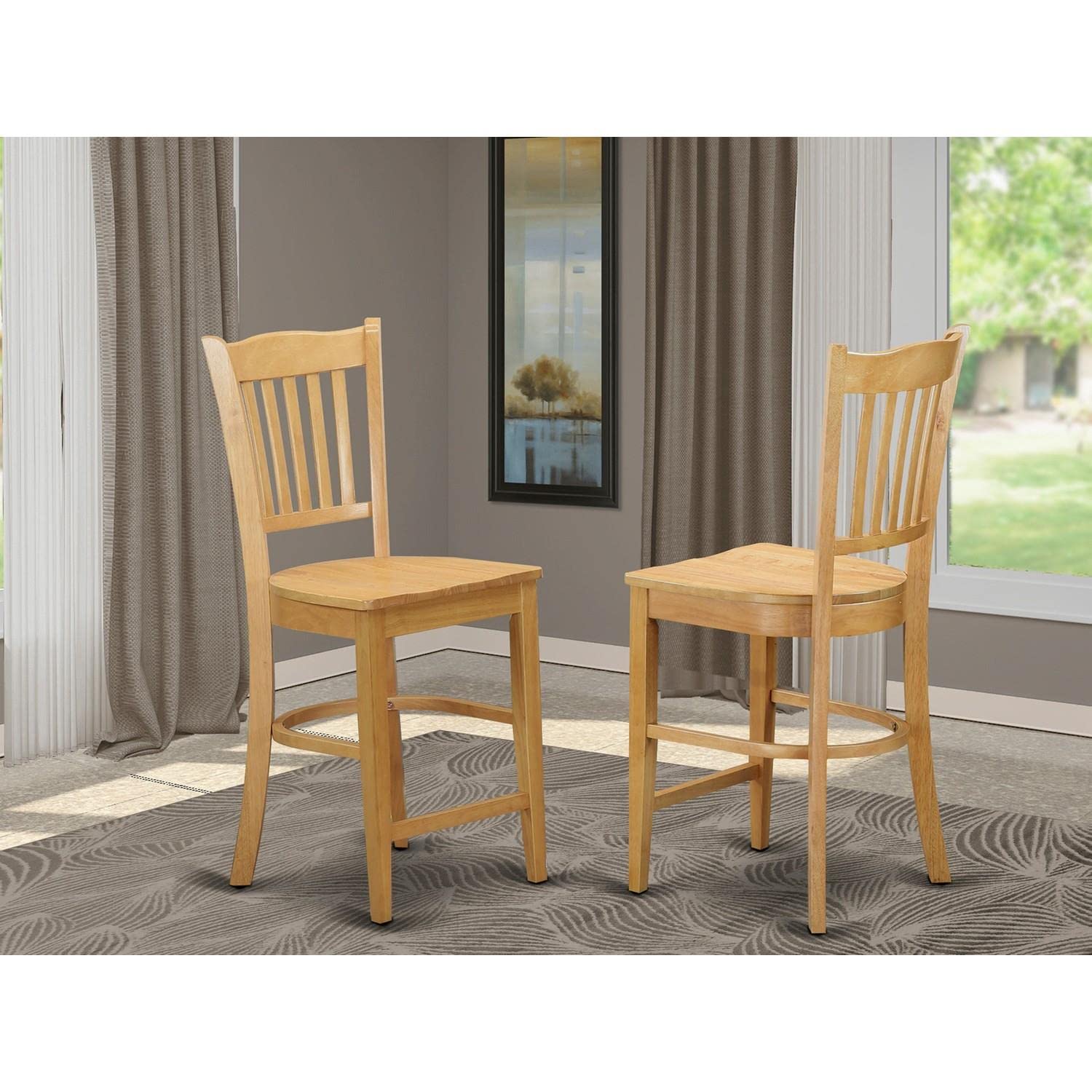 East West Furniture Groton Counter Height Stools-Slat Back Wood Seat Chairs, Set of 2, Oak