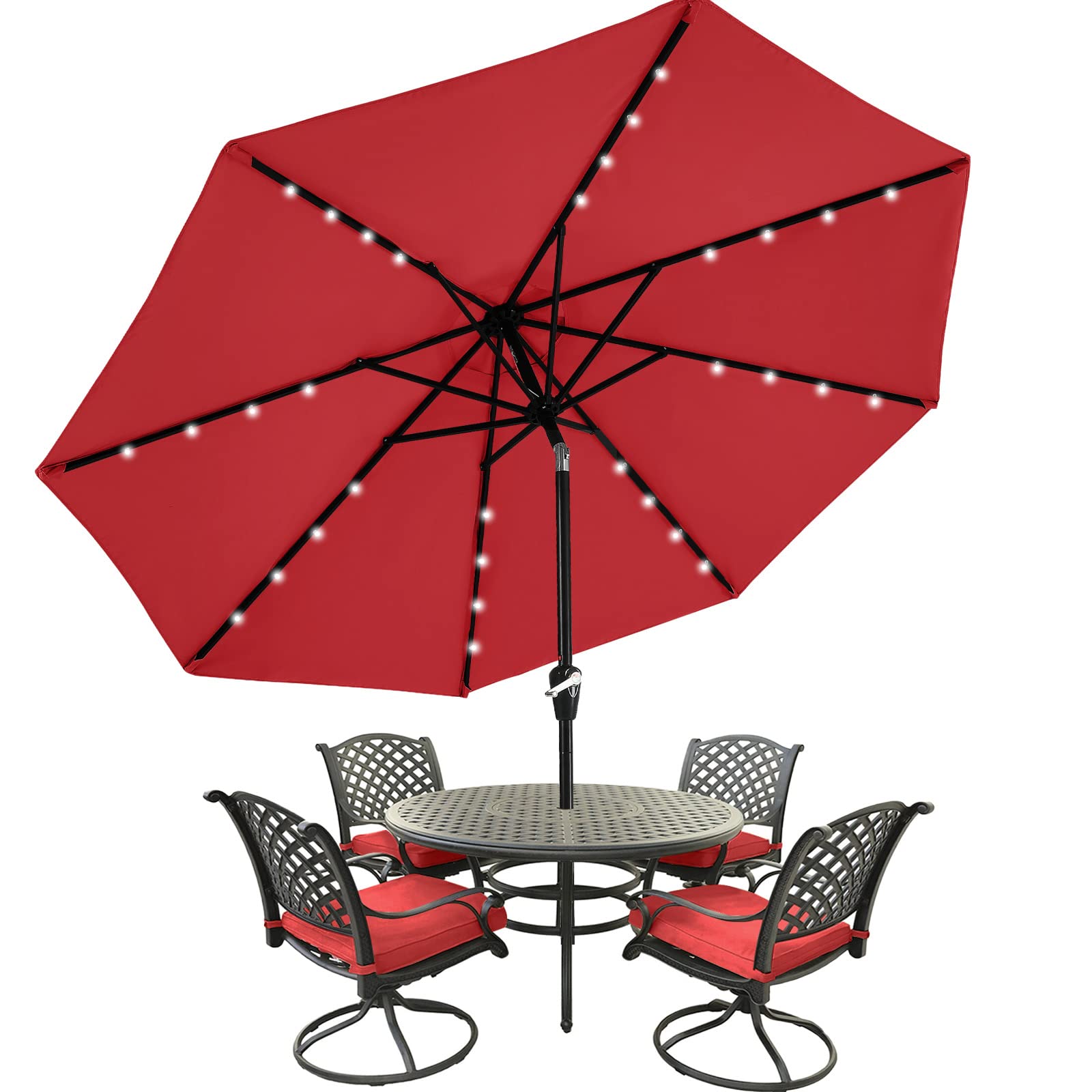 Mastercanopy Patio Umbrella With 32 Solar Led Lights -8 Ribs (11Ft,Red)