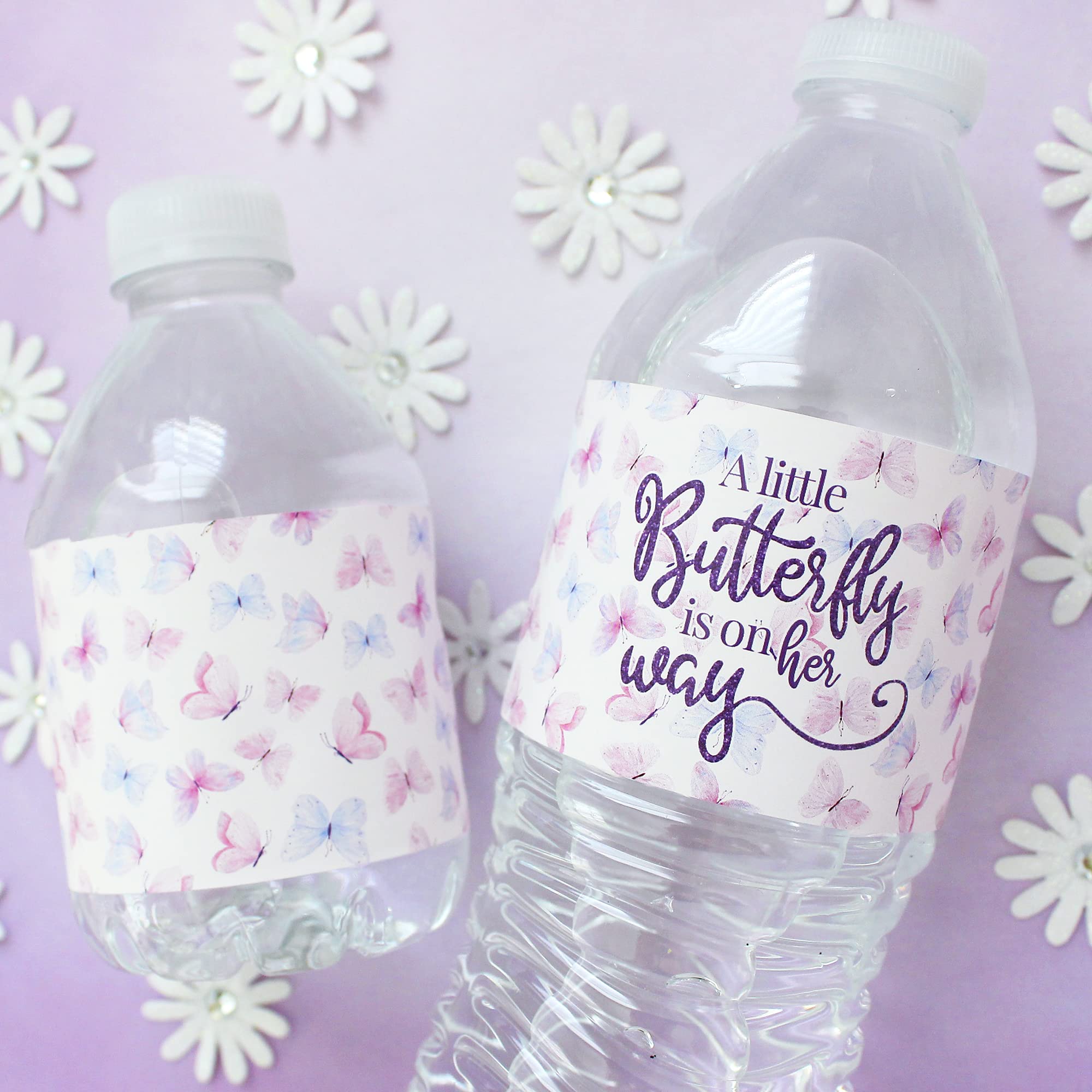 Butterfly Girl Baby Shower Water Bottle Labels - A Little Butterfly Is On Her Way - It'S A Girl Pink And Purple Waterproof Wrapp