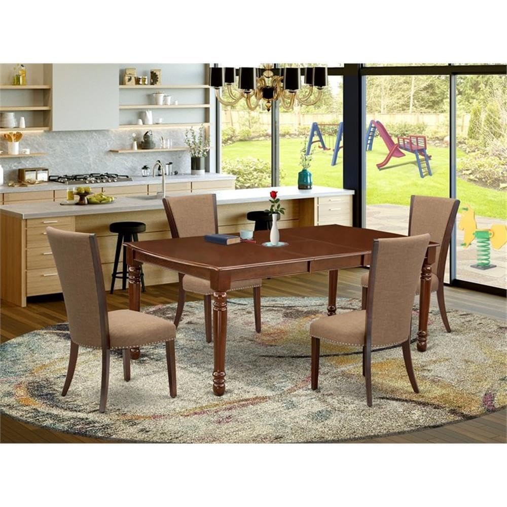 East West Furniture Dove5-Mah-47 5 Piece Dining Table Set Includes A Rectangle Wooden Table With Butterfly Leaf And 4 Light Sable Linen Fabric Upholstered Chairs, 42X78 Inch, Mahogany