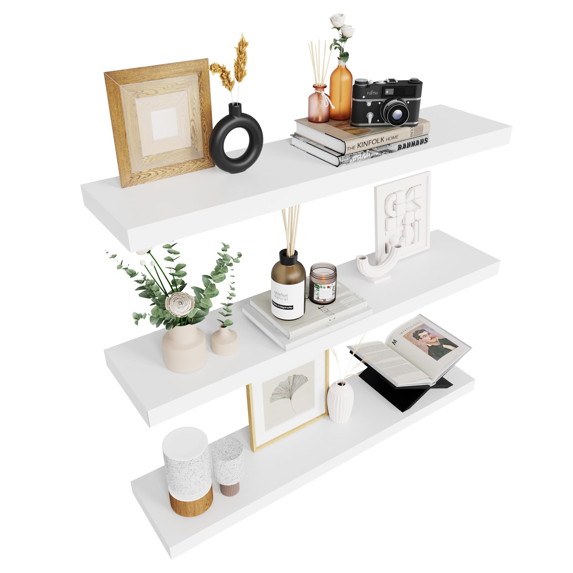 Colima Floating Shelves For Wall White Wood Wall Shelf For Bedroom, 36 Inch Wall Mounted Floating Shelves For Bathroom Living Room Kitchen Office, 1.3' Thick Floating Book Shelves For Wall, Set Of 3