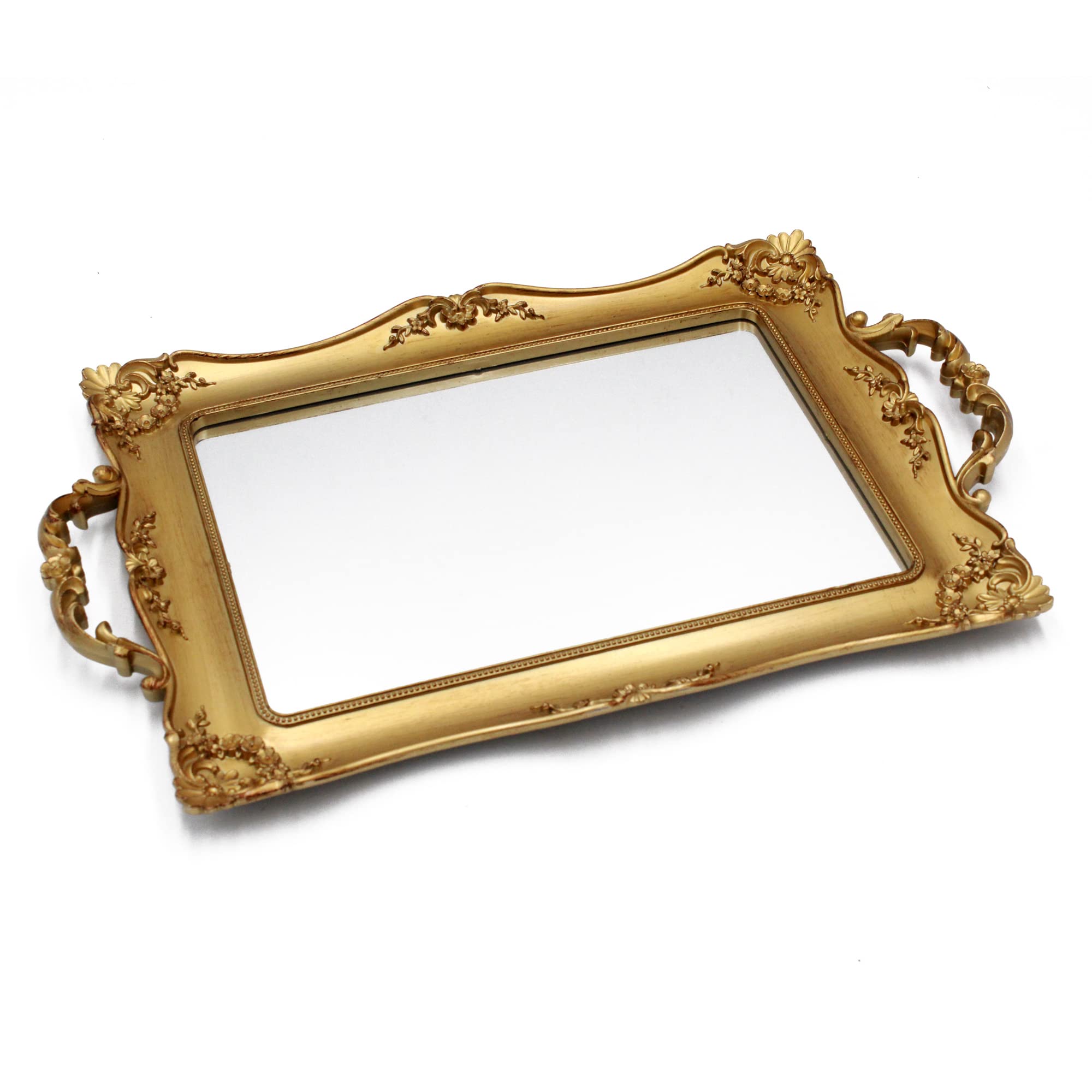 Tstarer Antique Decorative Gold Framed Square Mirror Tray, Jewelry & Cosmetics Organizer for Dresser, Square - 9.5 W x 14.5 L (G
