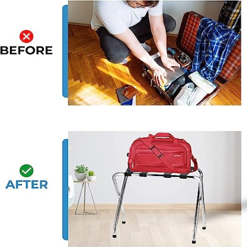 2-Tier Folding Luggage Rack, X-Shaped Steel Frame, Nylon Straps, Rubber Feet, Chrome Finish