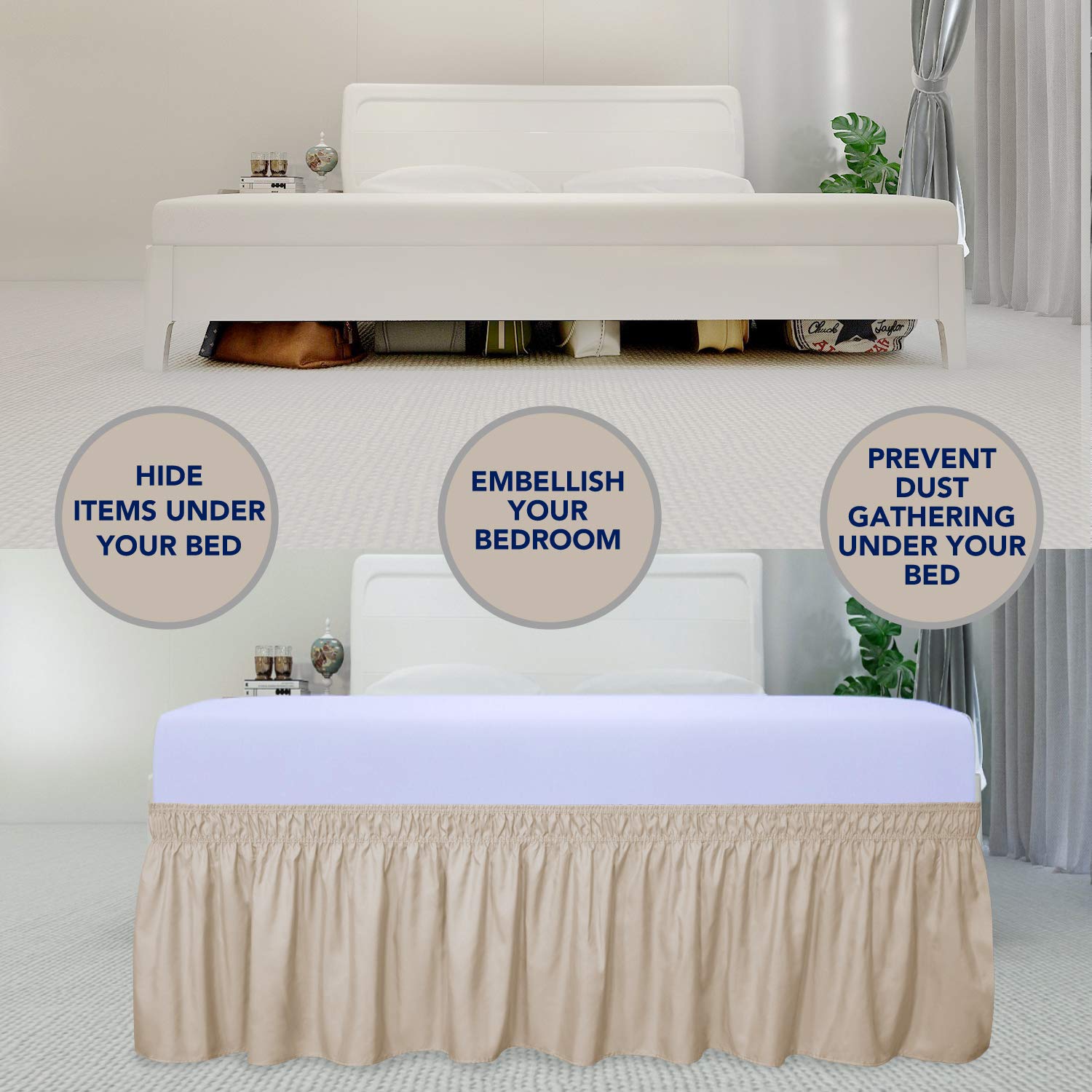 Purefit Wrap Around Ruffled Bed Skirt With Adjustable Elastic Belt - 22 Inch Drop Easy To Put On, Wrinkle Free Bedskirt Dust Ruffles, Bed Frame Cover For Queen, King And C-King Size Beds, Beige