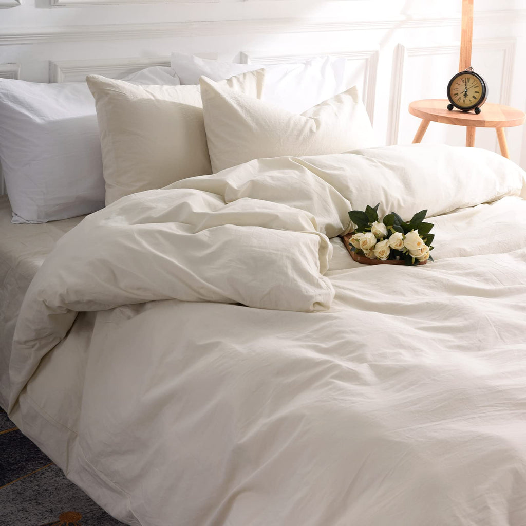 Nexhome Pro Duvet Cover Set Oversized Queen 98'X98' Linen Feel Textured Cream Grey Organic Natural 100% Washed Cotton Duvet Co