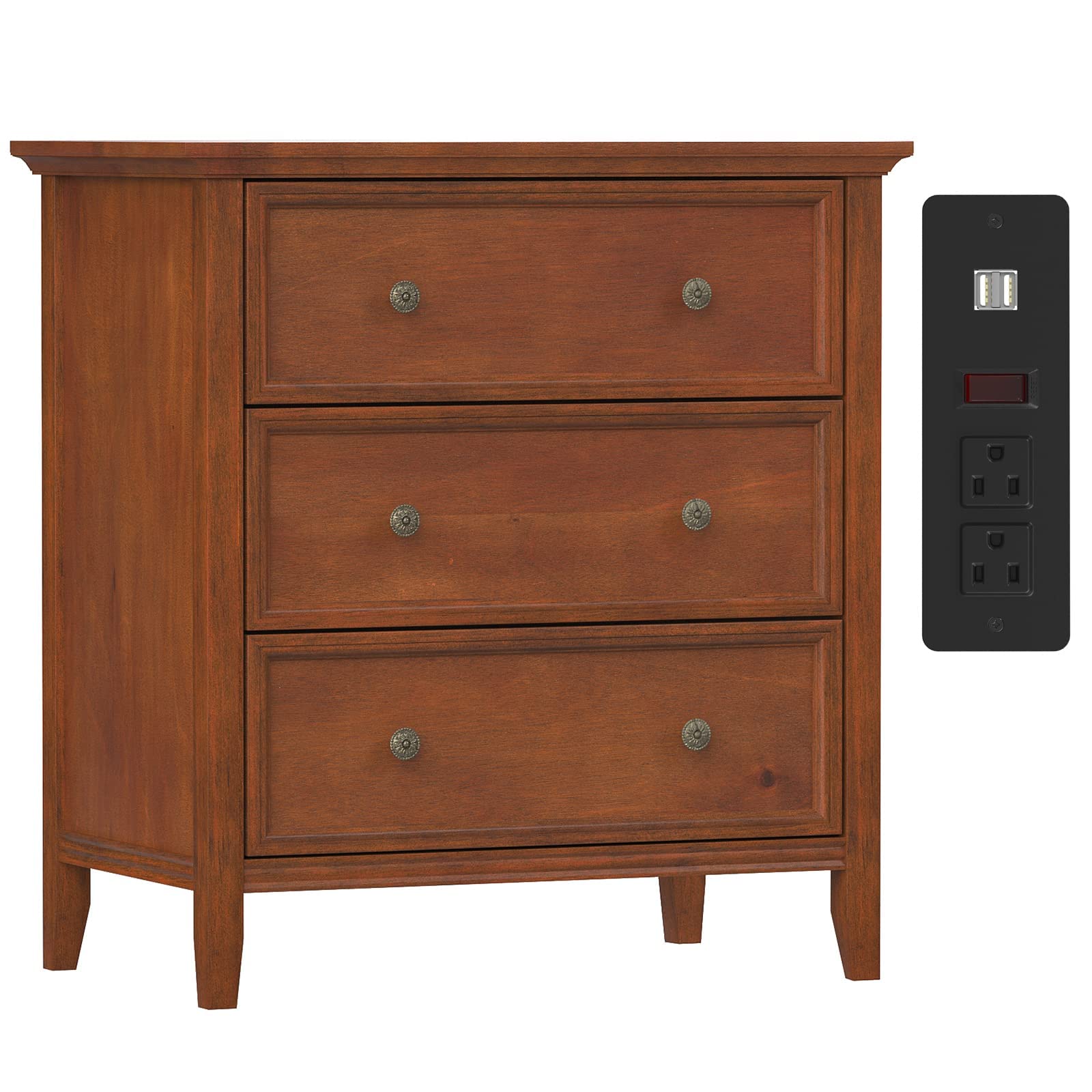 IKENO Solid Wood Nightstand with 3 Drawers and Power Outlet, Tall Bedside Cabinet 16.8  D x 27.6  W x 26.8  H, Single Unit for B