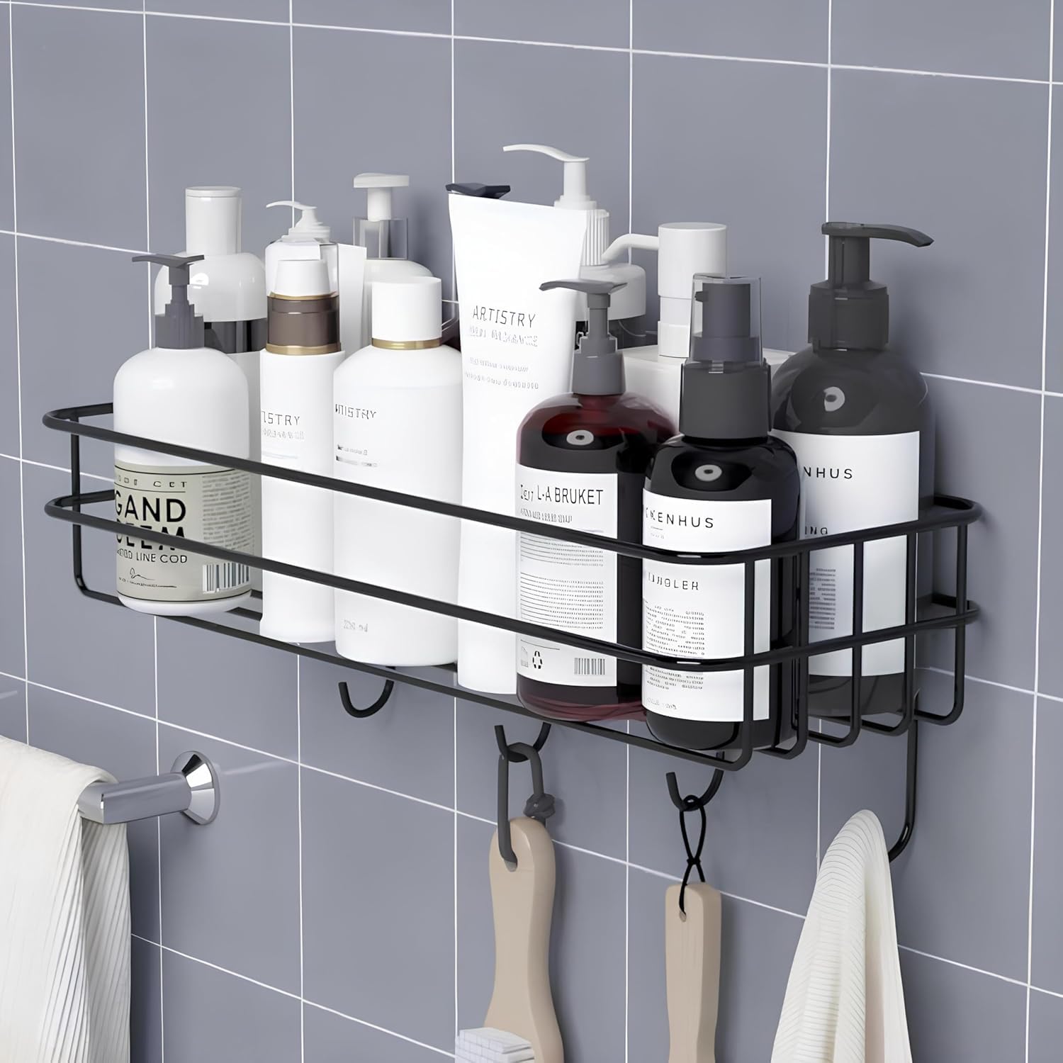 Stainless Steel Bathroom Shelf For Wall, Self Adhesive Bathroom Organiser, 4 Hooks For Towel Holder, SpaceSaving Wall Mounted B