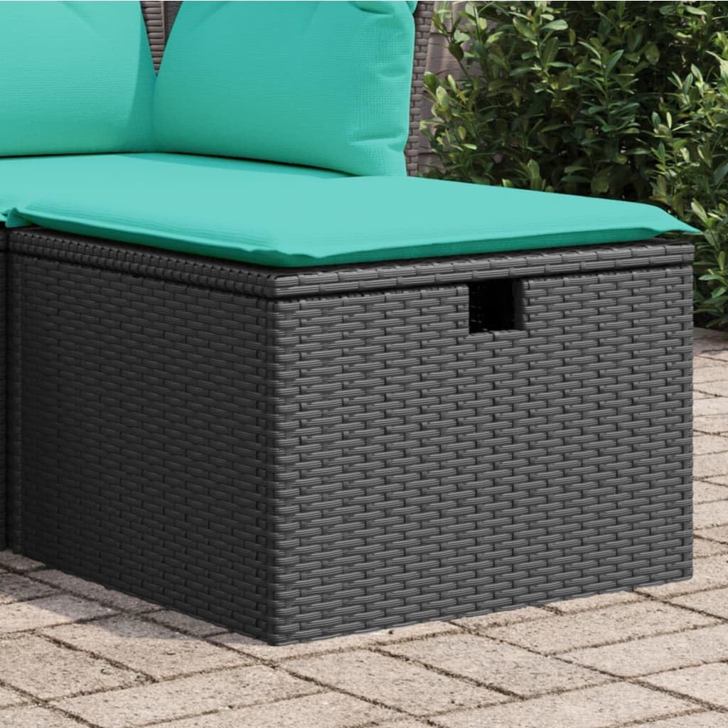 vidaXL Patio Stool with Outdoor Ottoman Storage, Black Poly Rattan, Blue Cushion, UV-Resistant, Waterproof Cover- 21.7"x21.7"x14.6"