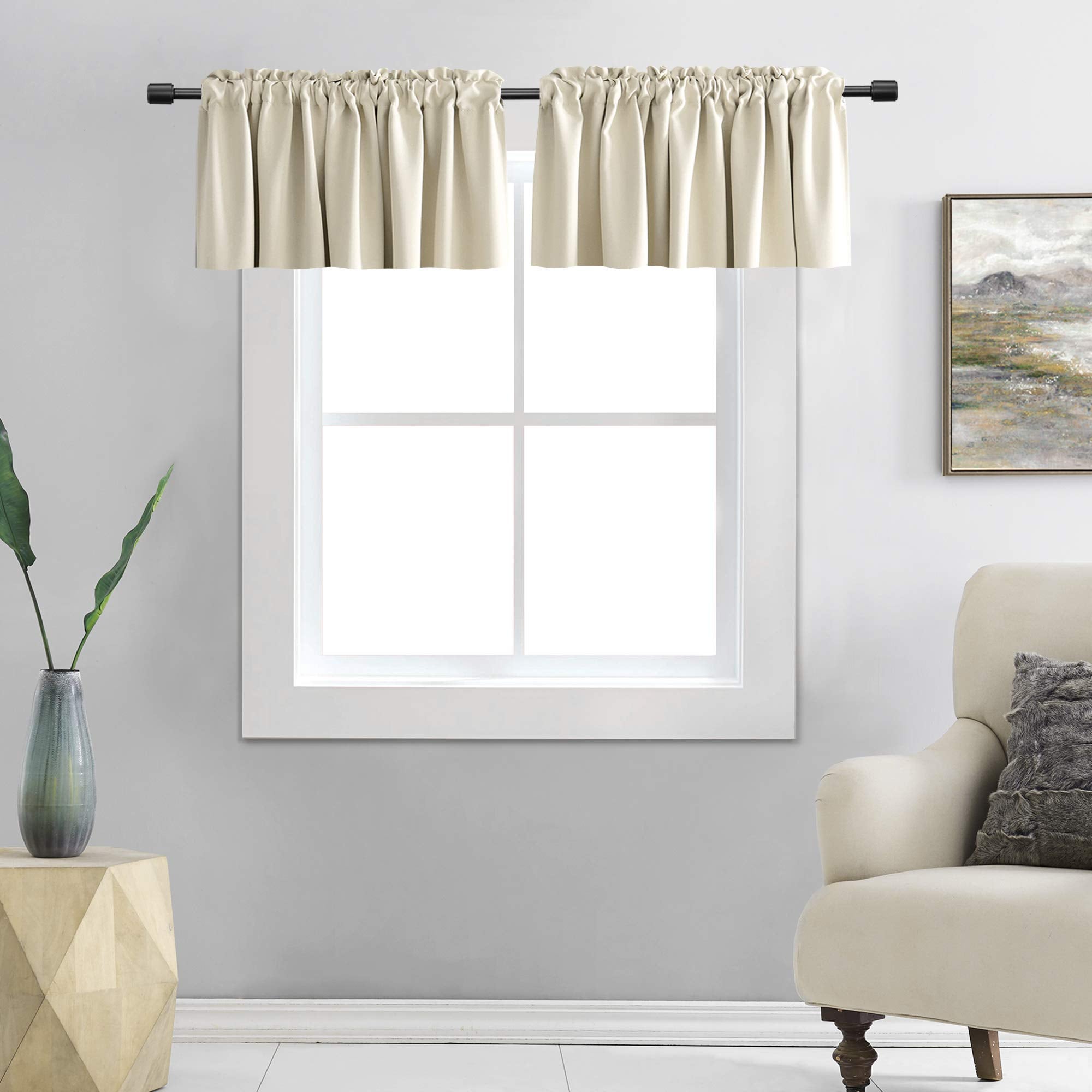 DONREN 2 Pcs Cream Beige Curtain Valances for Kitchen -18 Inches Long Room Darkening Rod Pocket Valances (72 by 18 Inch Length)