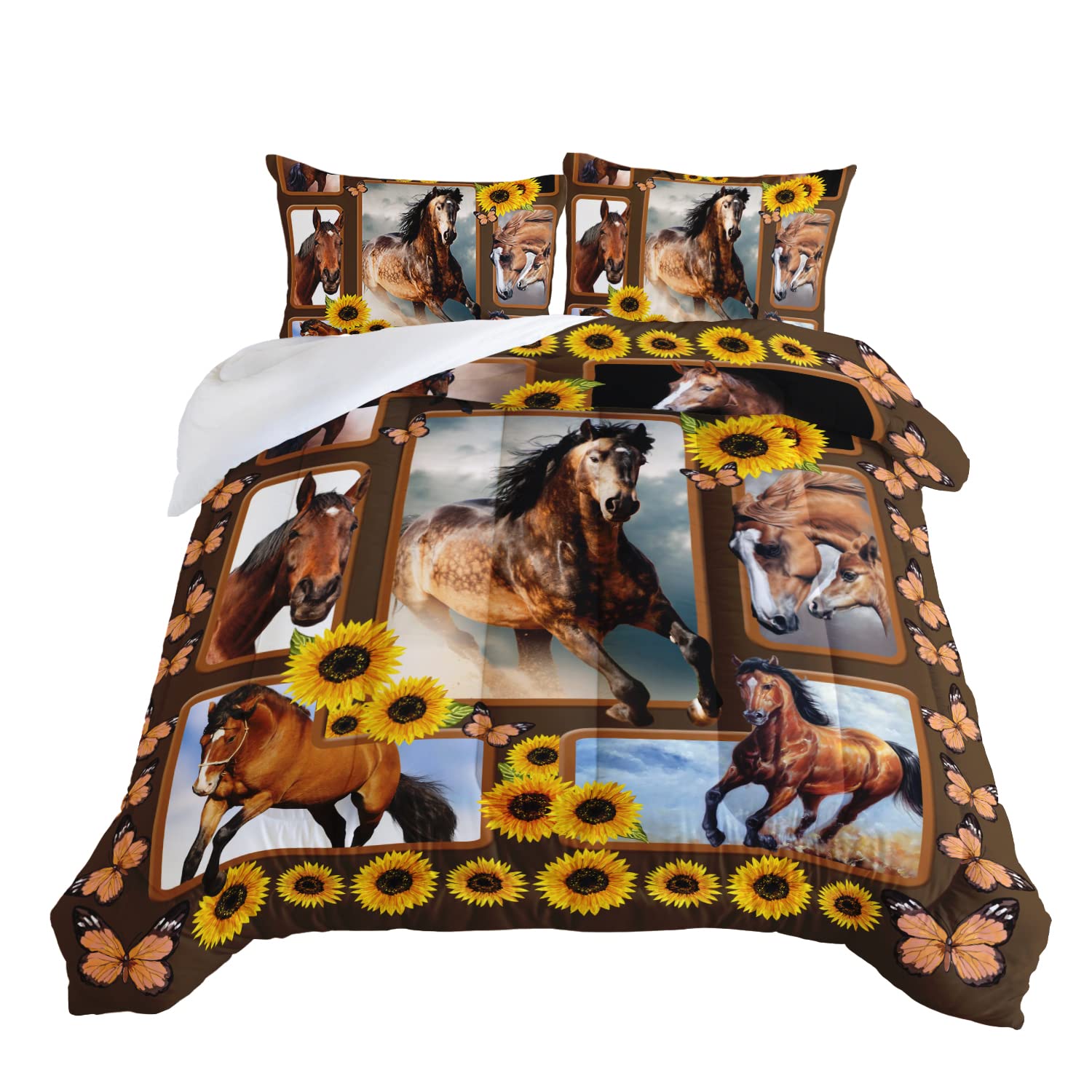 Hosima Horse Twin Size Comforter Sets,Kids Adult Girls Bedroom Modern Decor Brown Horse And Sunflower Bedding Sets,3D Print Wild