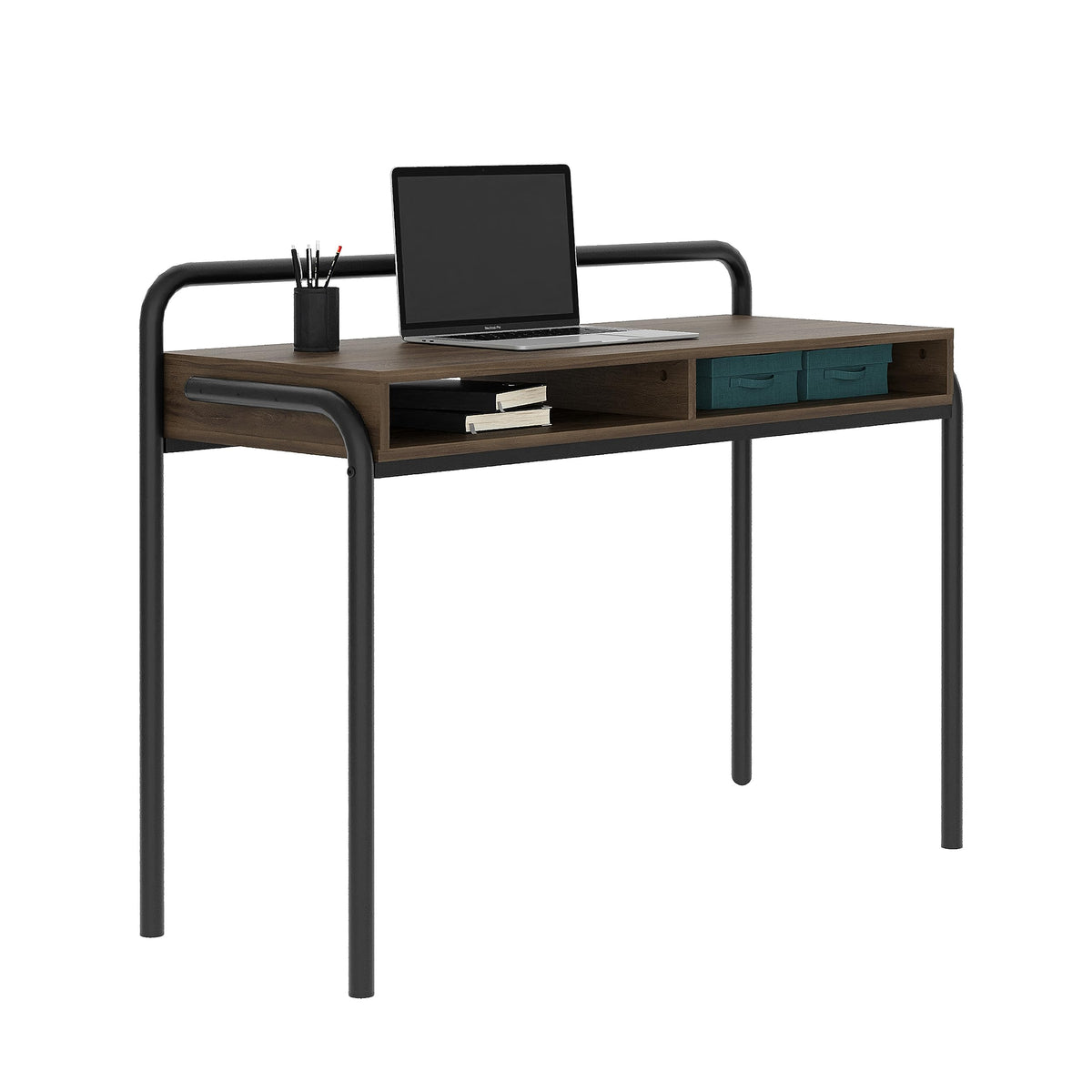 Techni Mobili Modern Office Desk with Storage - 46 Inch Classic Writing Table with 2 Open Shelves for Easy Access - Industrial Walnut Desk with Scratch Resistant Steel Frame Allure Collection