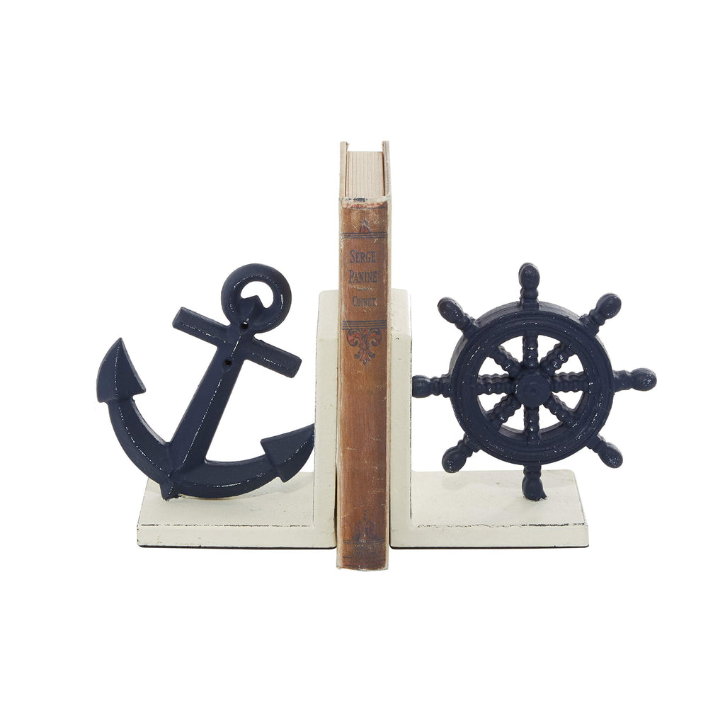 Deco 79 Metal Anchor And Ship Wheel Bookends, Set Of 2 6''W, 6''H, Blue