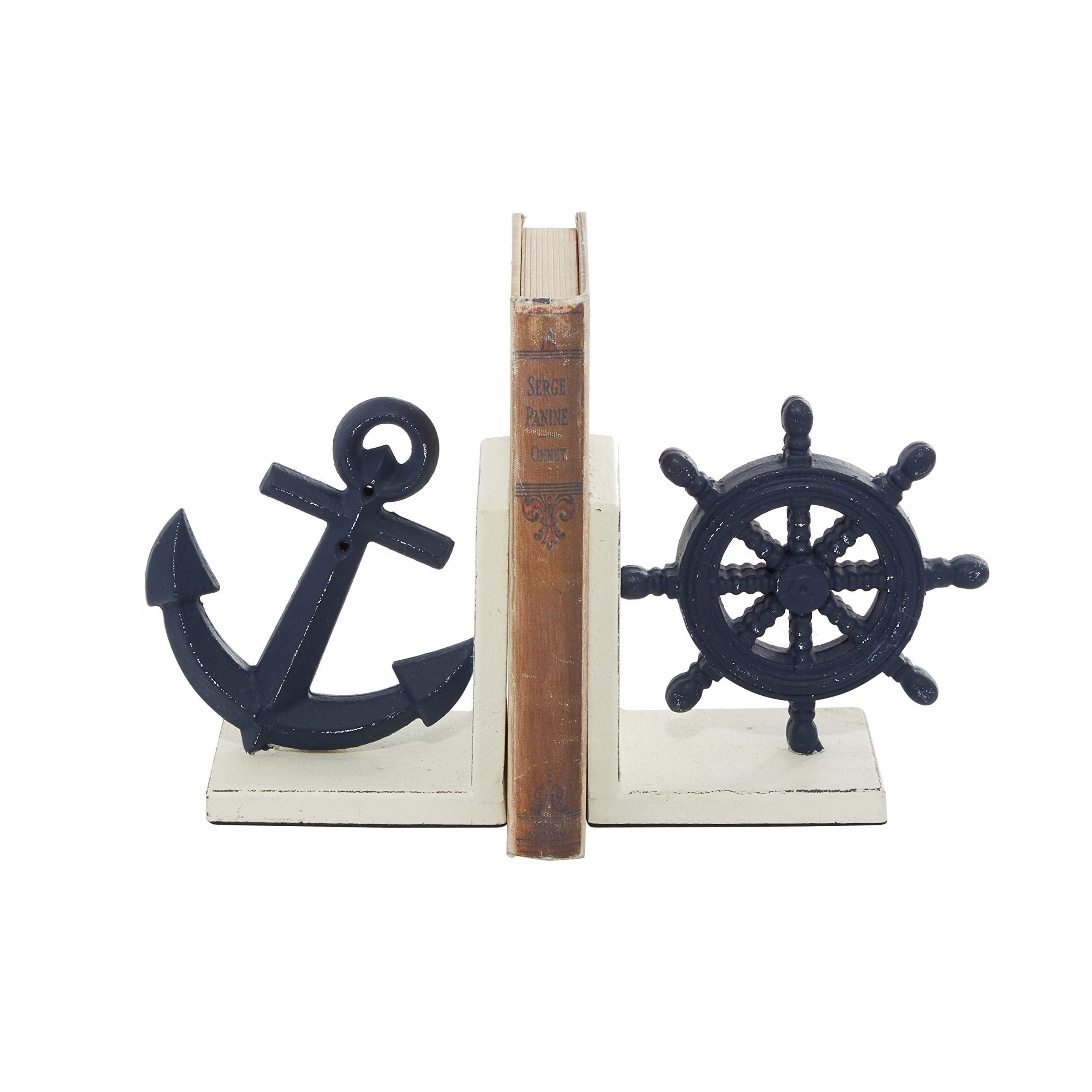 Deco 79 Metal Anchor And Ship Wheel Bookends, Set Of 2 6''W, 6''H, Blue
