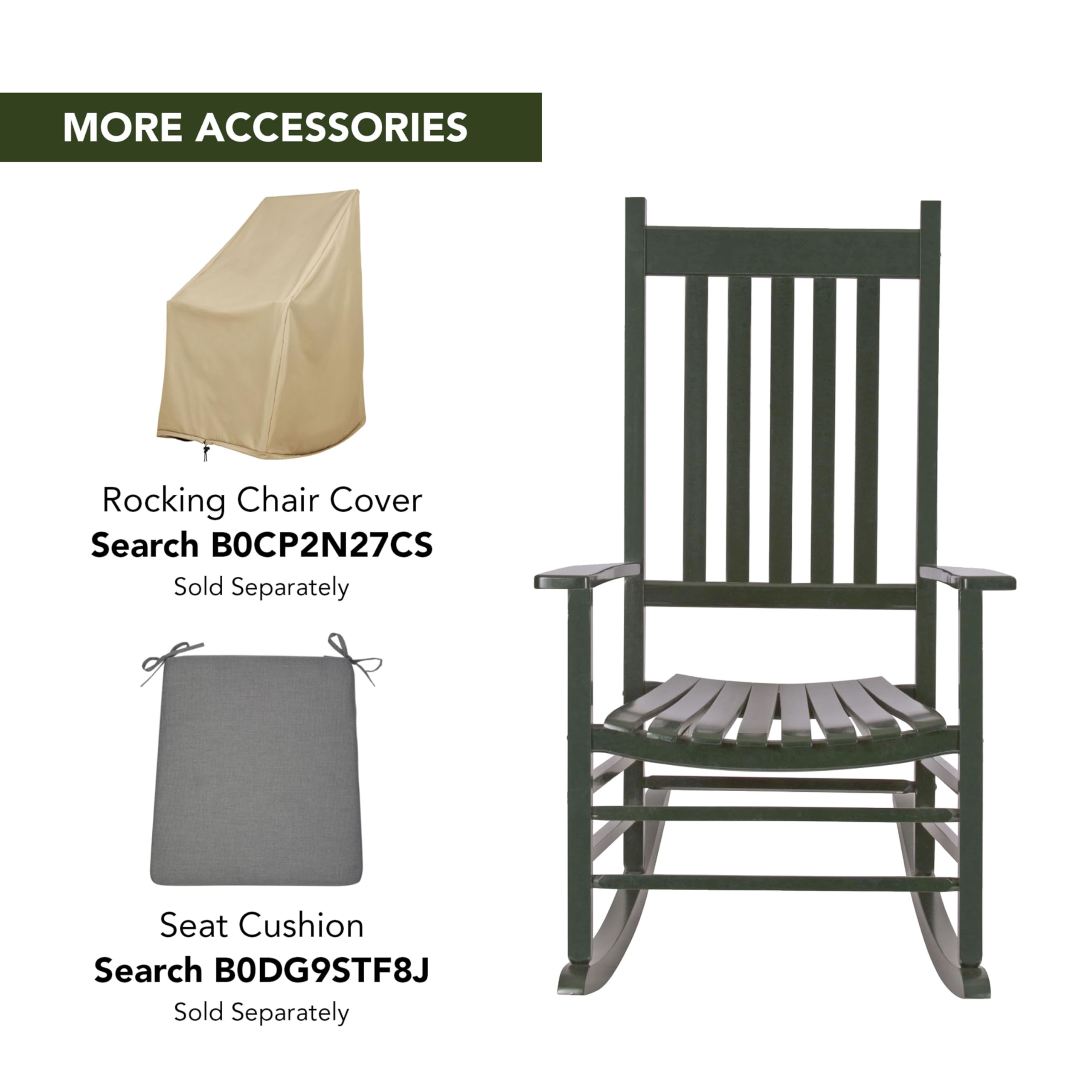 Shine Company Vermont Porch Rocker, High Back Wood Rocking Chair, Dark Green