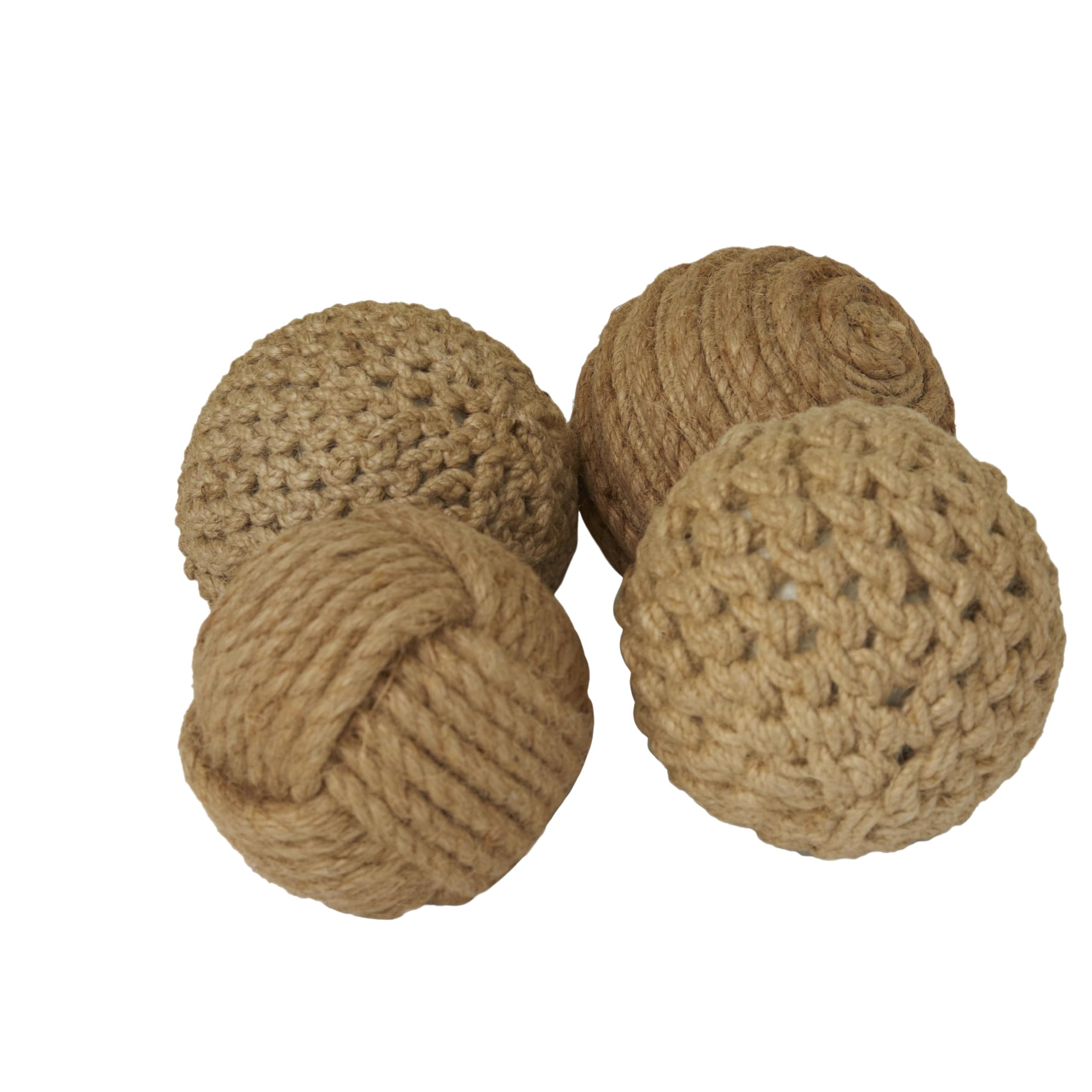 Deco 79 Jute Rope Handmade Decorative Ball Orbs & Vase Filler With Varying Designs, Set Of 4 4''W, 4''H, Brown