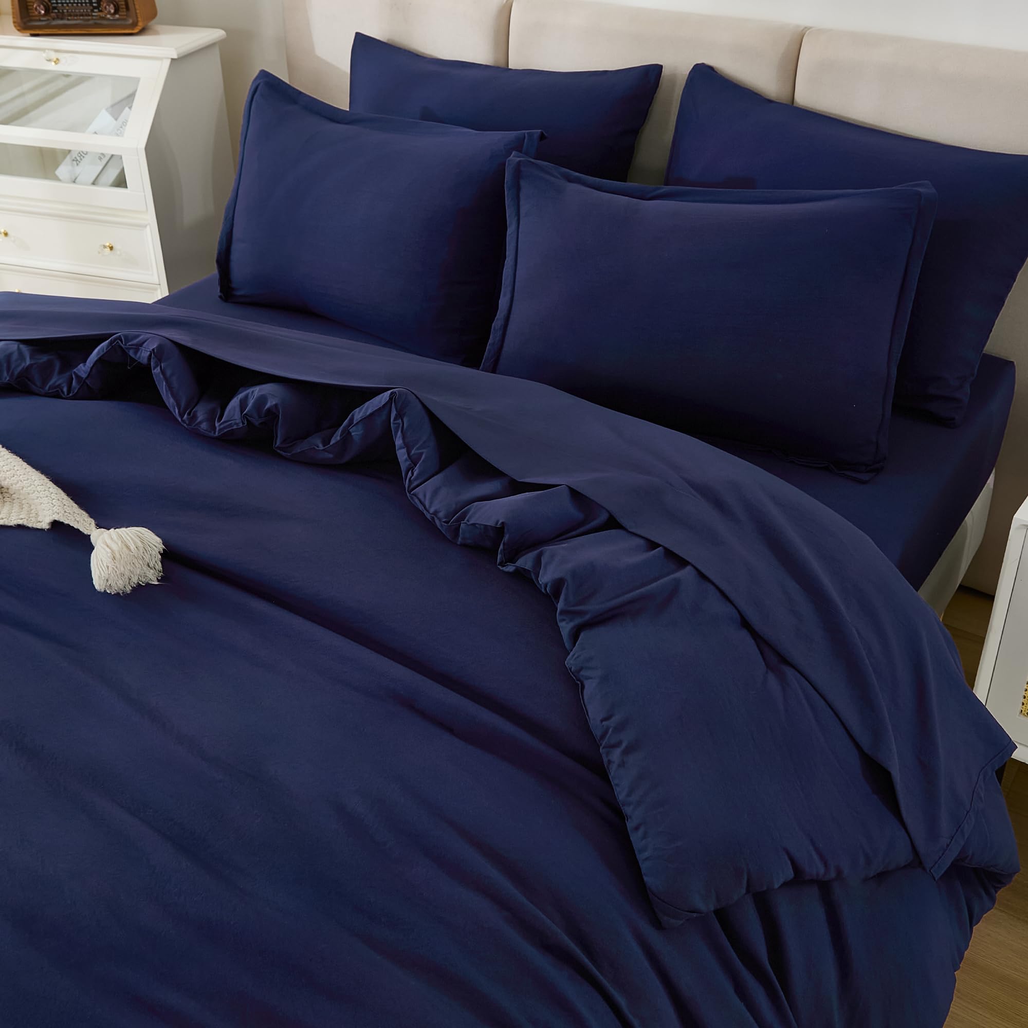 Litanika Queen Comforter Set Navy Blue - 7 Pieces Bed In A Bag Queen Beddding Comforter Sets, Solid Lightweight Bed Set With Com