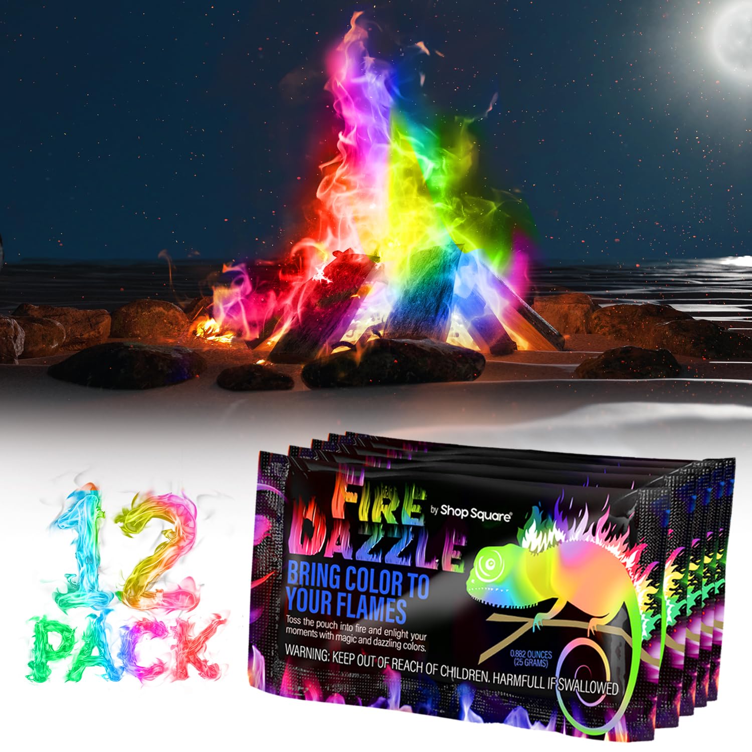 Fire Dazzle Fire Color Changing Packets For Fire Pit - 12 Pack Fire Color Packets, Flame Color Changer For Fire Pit And Campfire